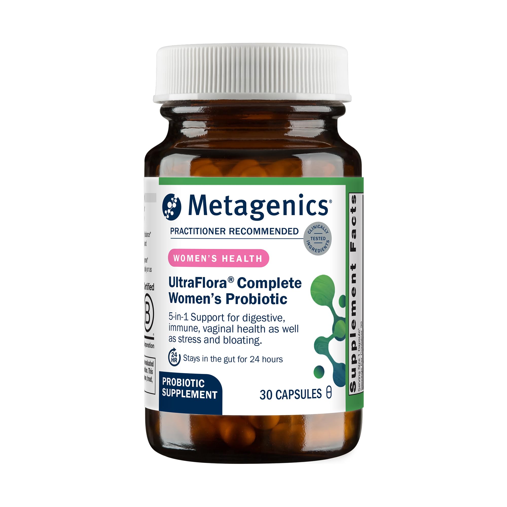 Metagenics UltraFlora frontal mostrando envase y beneficio para microbioma