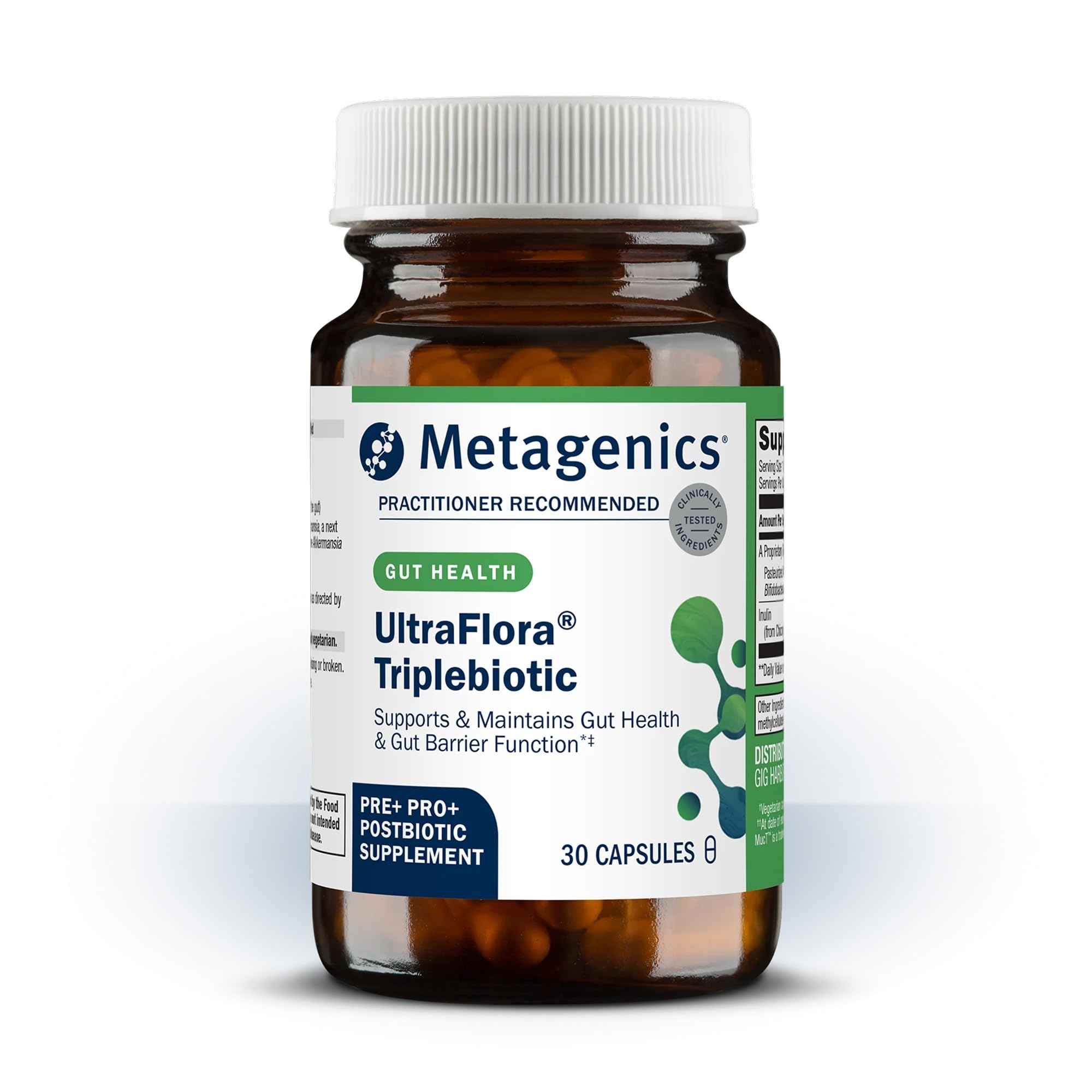 Metagenics frasco UltraFlora frontal mostrando etiqueta clara y beneficios