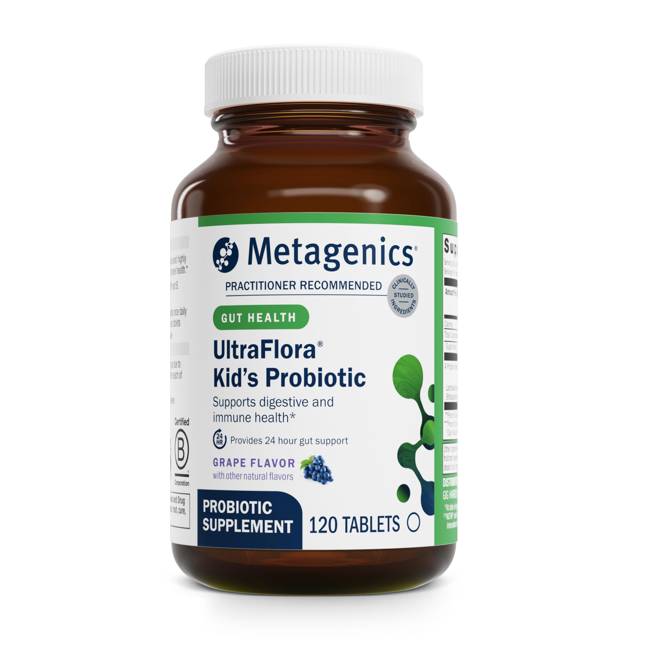 Metagenics UltraFlora Kids frente del empaque mostrando la presentación y beneficios
