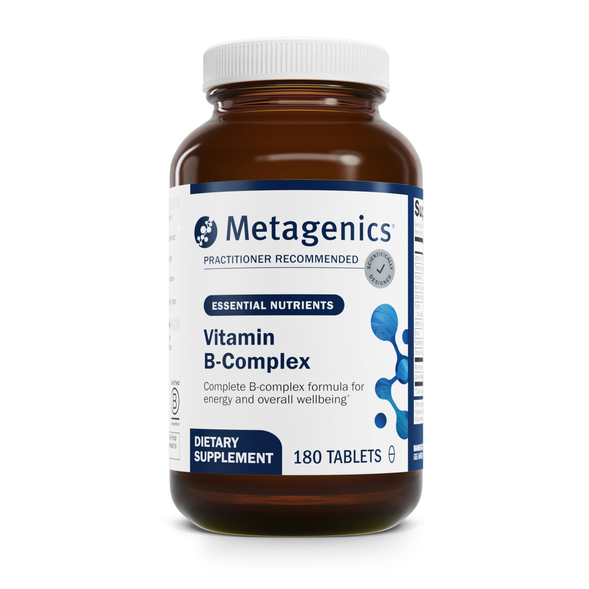 Metagenics frasco frontal mostrando etiquetas claras y beneficios