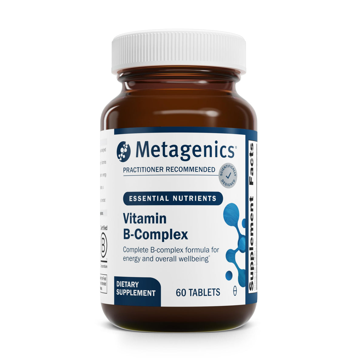 Metagenics Vitamin B-Complex vista frontal con etiqueta clara, beneficio de confianza