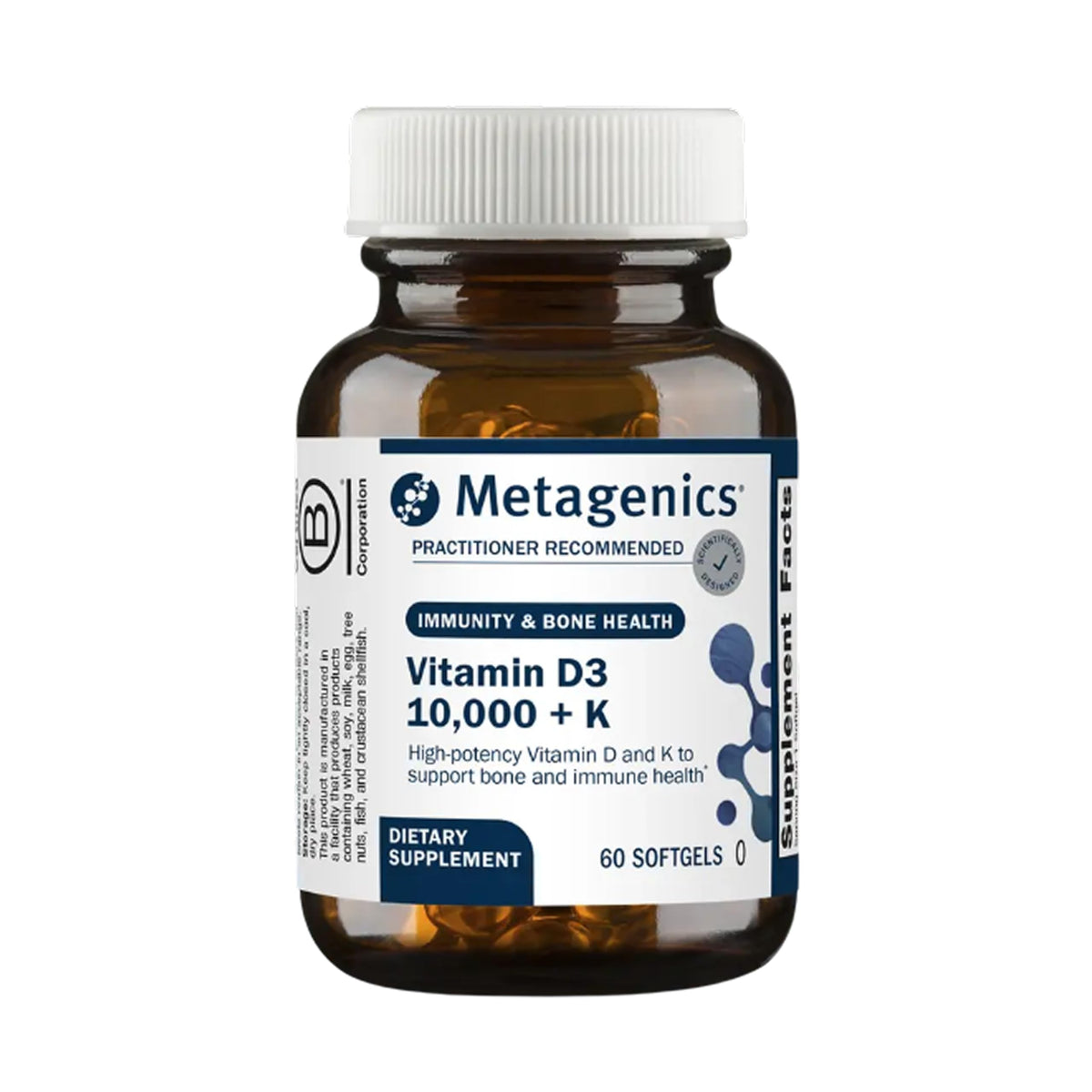 Metagenics frasco de Vitamin D3 y K2 mostrando el empaque y beneficios de dosificación