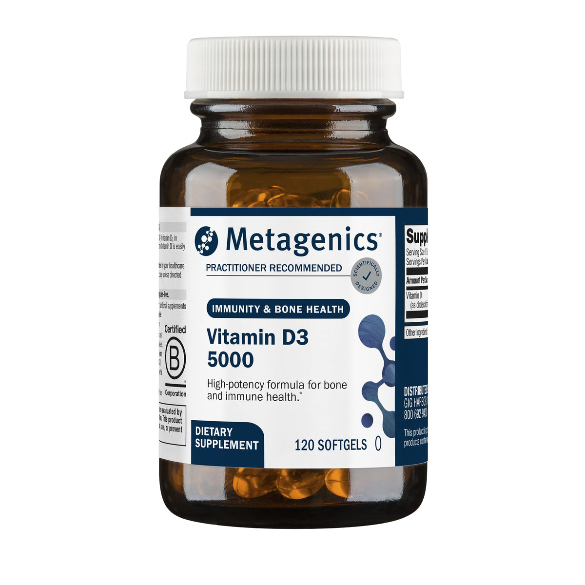 Metagenics frasco frontal del producto mostrando 120 cápsulas y beneficios