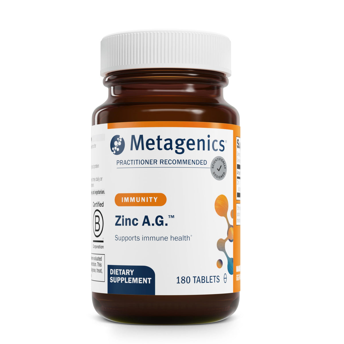 Metagenics frasco frontal del producto con etiqueta visible y confianza