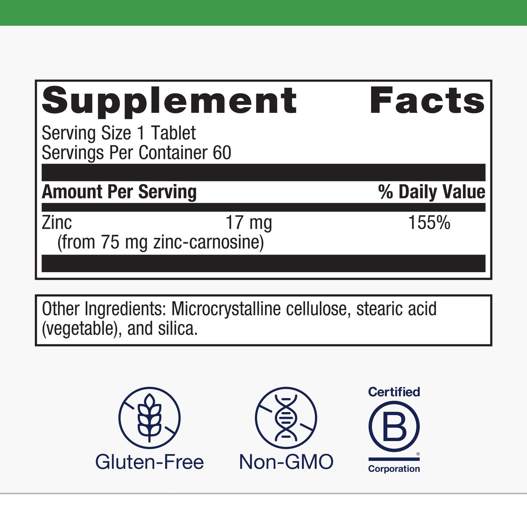 Metagenics Zinlori 75 ingredientes en fondo, énfasis en zinc‑carnosina y pureza