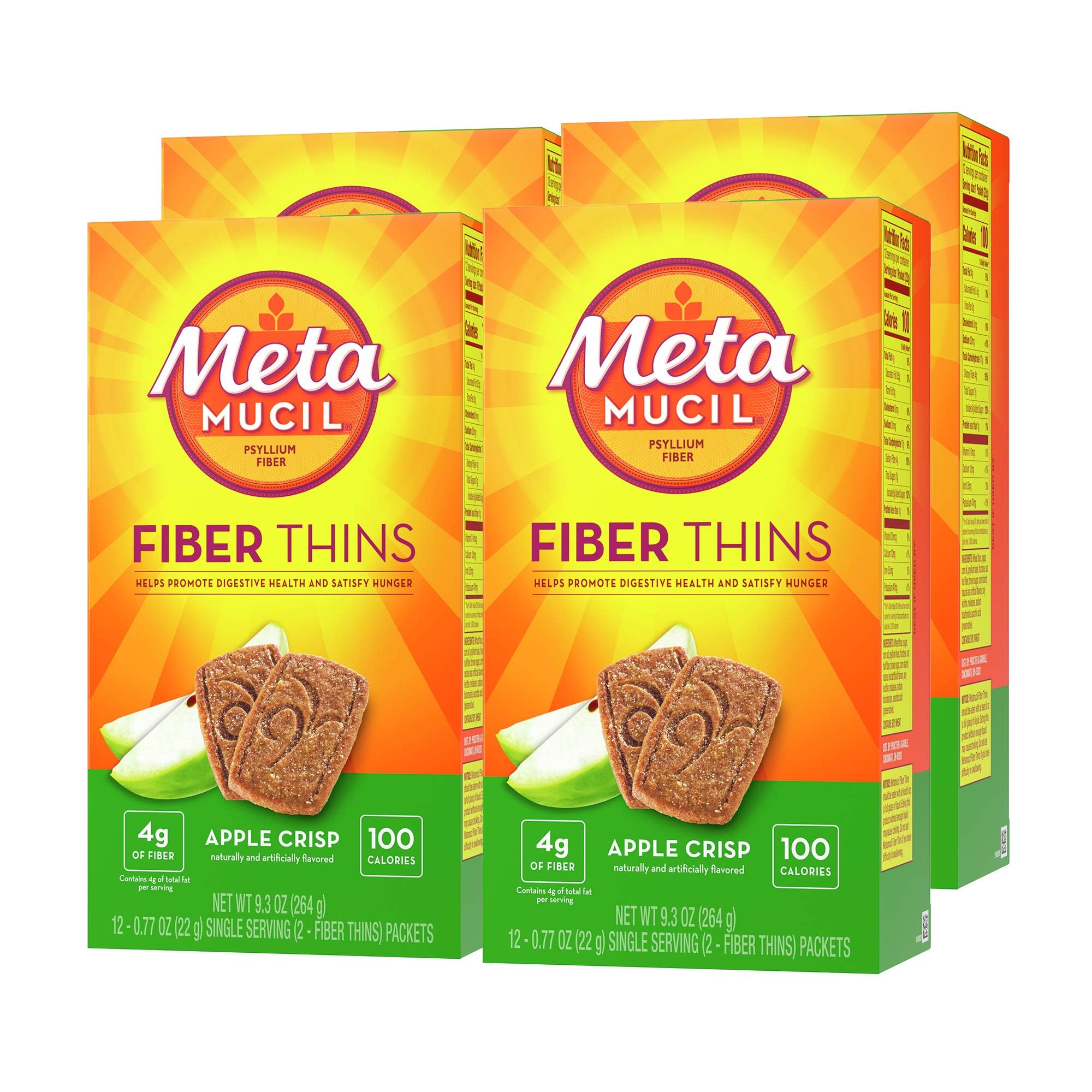 Metamucil embalaje frontal mostrando 48 porciones y beneficio de fibra fácil