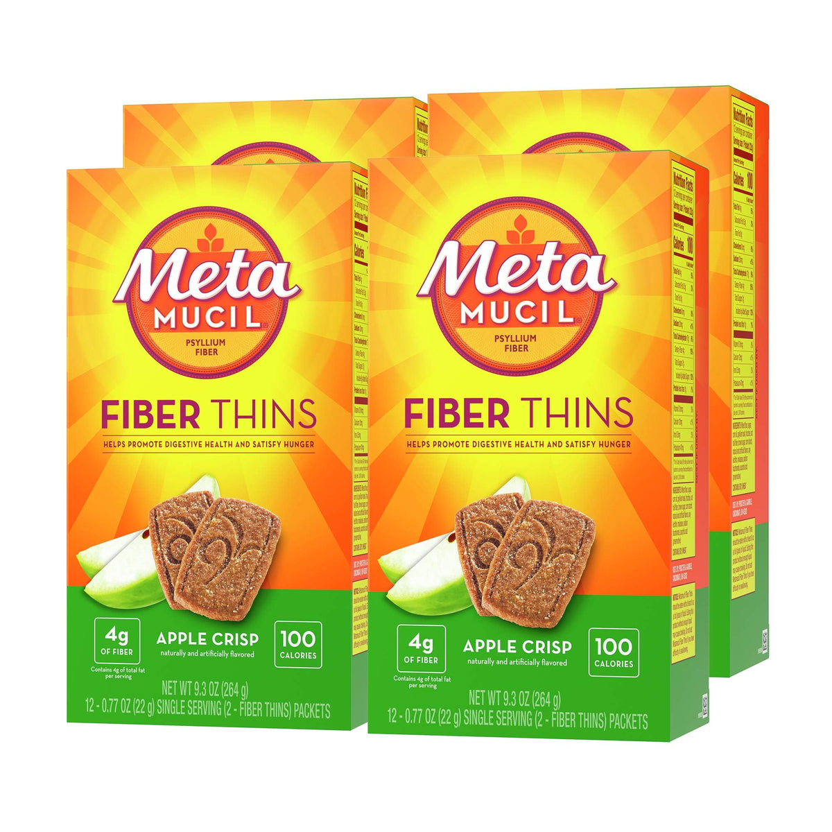 Metamucil embalaje frontal mostrando 48 porciones y beneficio de fibra fácil