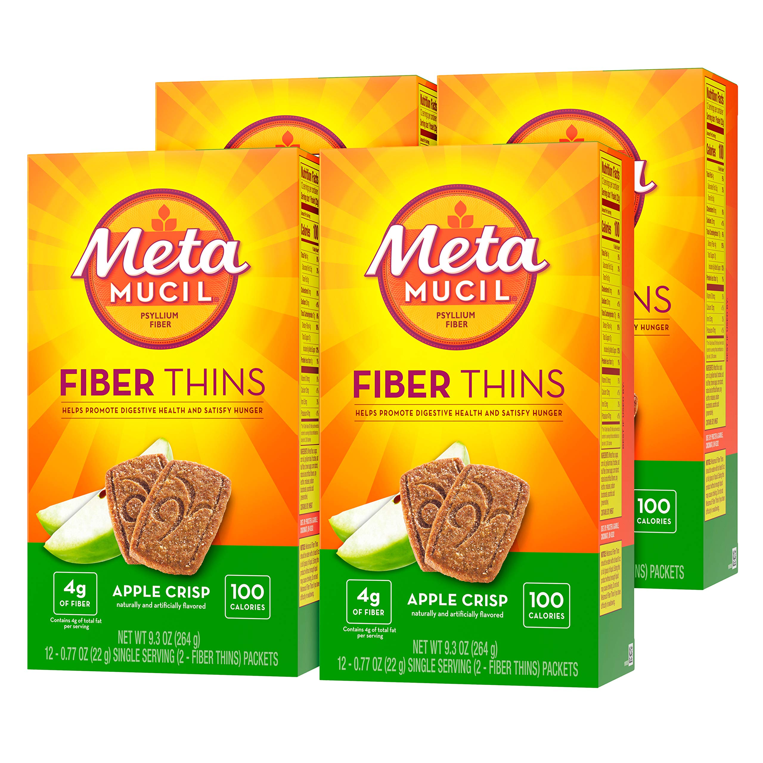 Metamucil envase frontal Apple Crisp mostrando porciones individuales y beneficio práctico