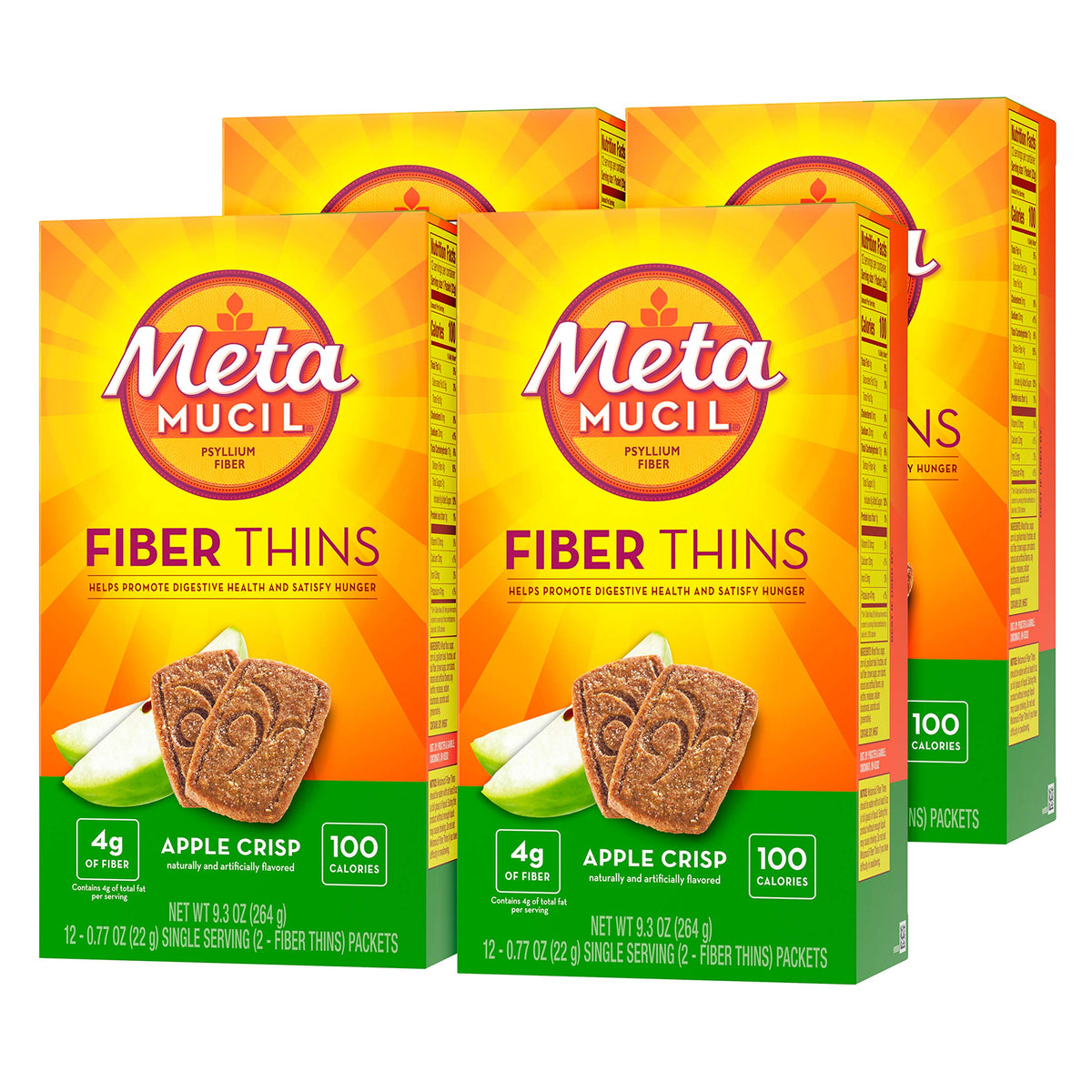 Metamucil envase frontal Apple Crisp mostrando porciones individuales y beneficio práctico