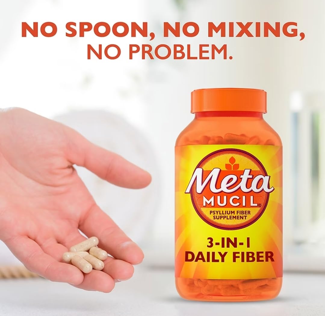 Metamucil bote abierto con cápsulas listas para tomar y uso diario práctico