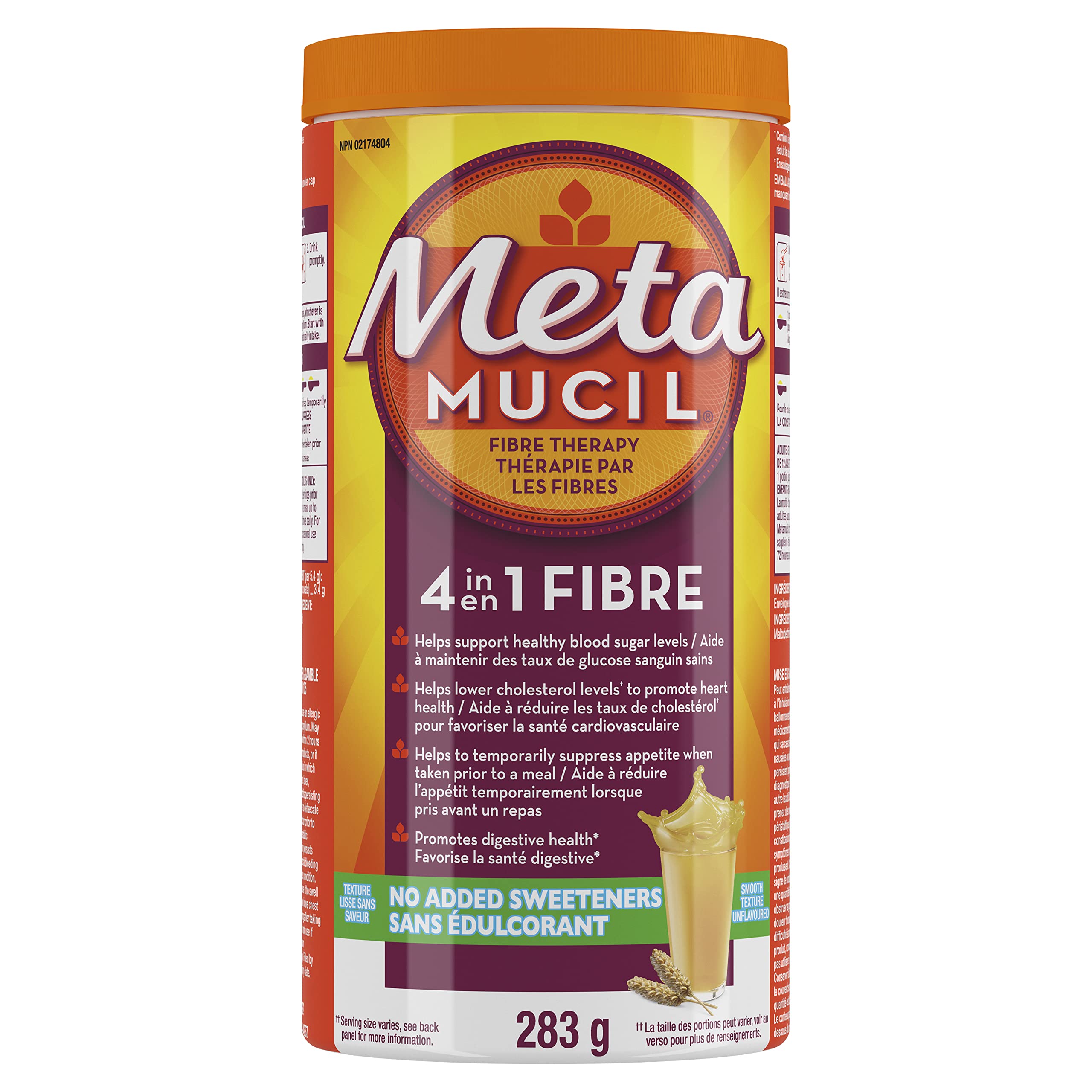 Lateral del envase Metamucil con instrucciones de uso legibles para el consumidor