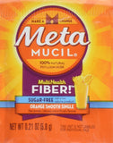 Metamucil empaque frontal naranja sin azúcar mostrando 30 sobres y beneficio portátil