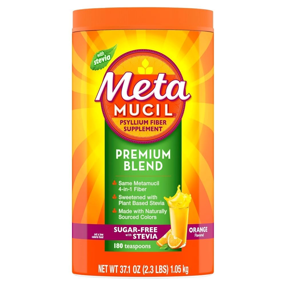 Metamucil envase frontal naranja mostrando presentación y beneficio digestivo