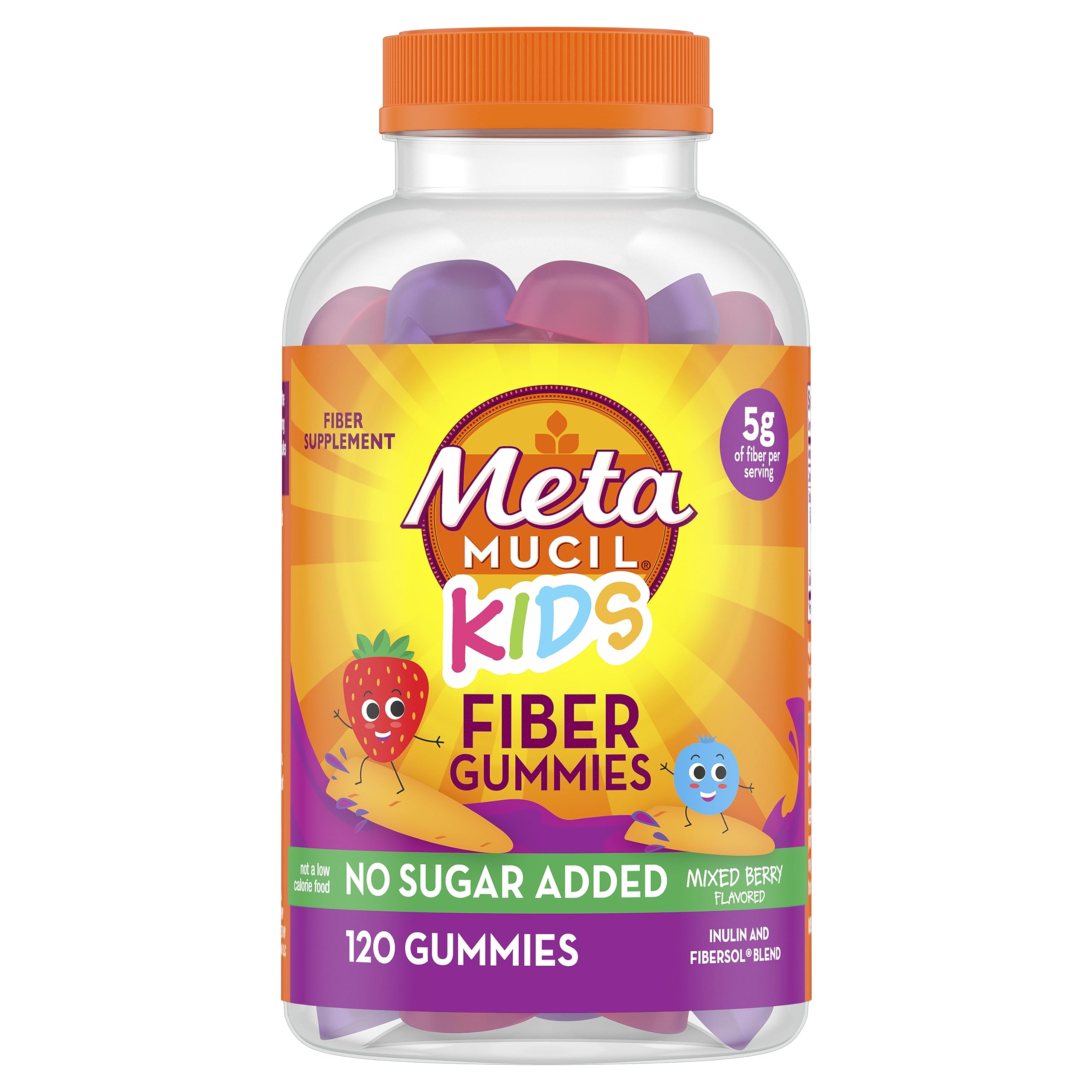 Metamucil envase frontal mostrando 120 gomitas y beneficios visibles