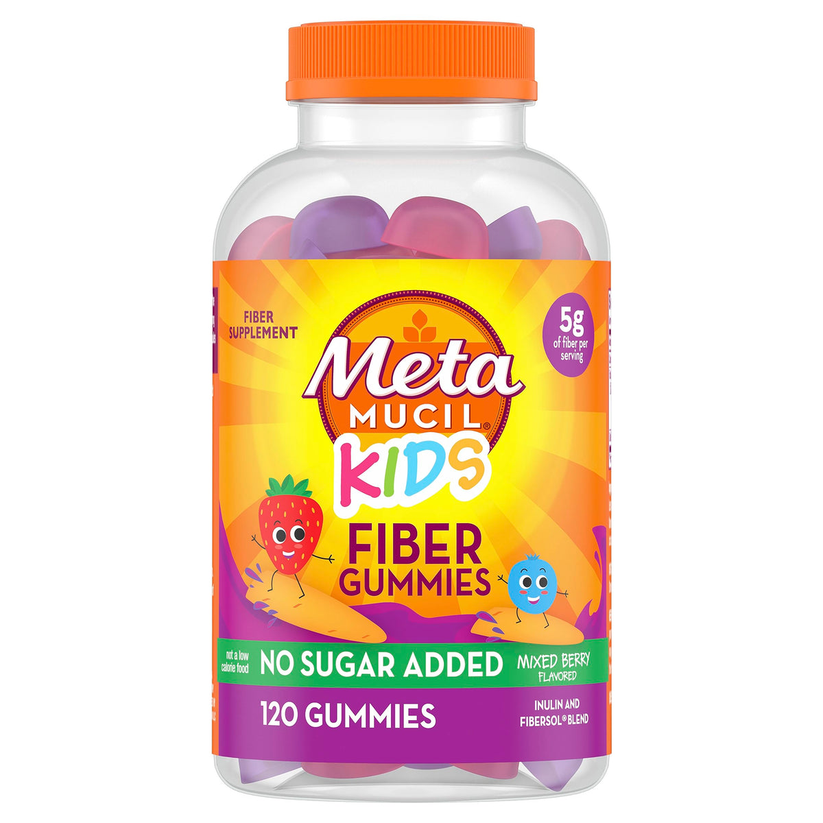 Metamucil envase frontal mostrando 120 gomitas y beneficios visibles