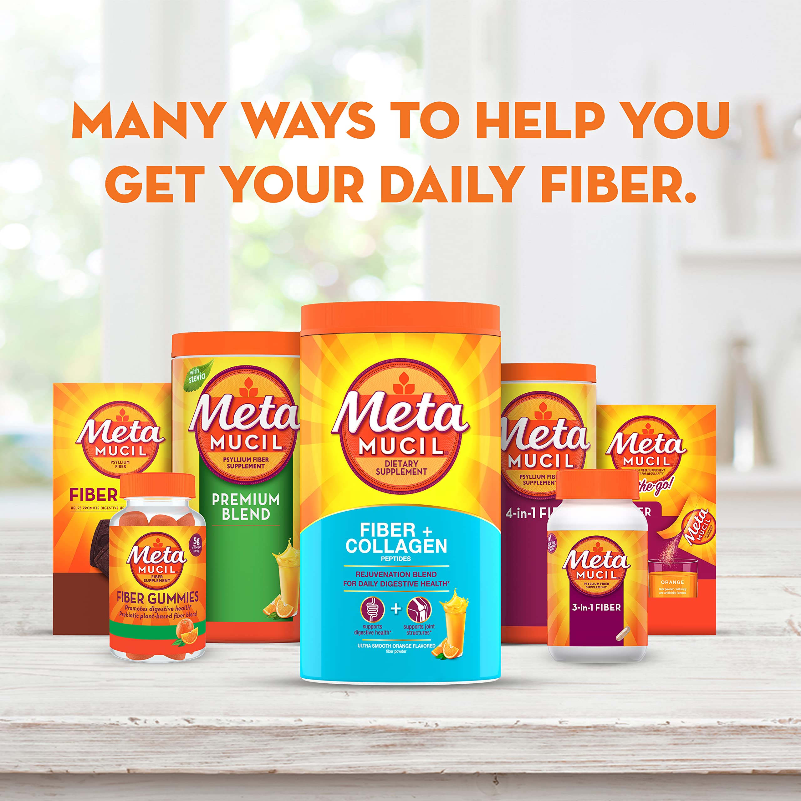 Metamucil en mesa de desayuno con fruta, integración en rutina diaria