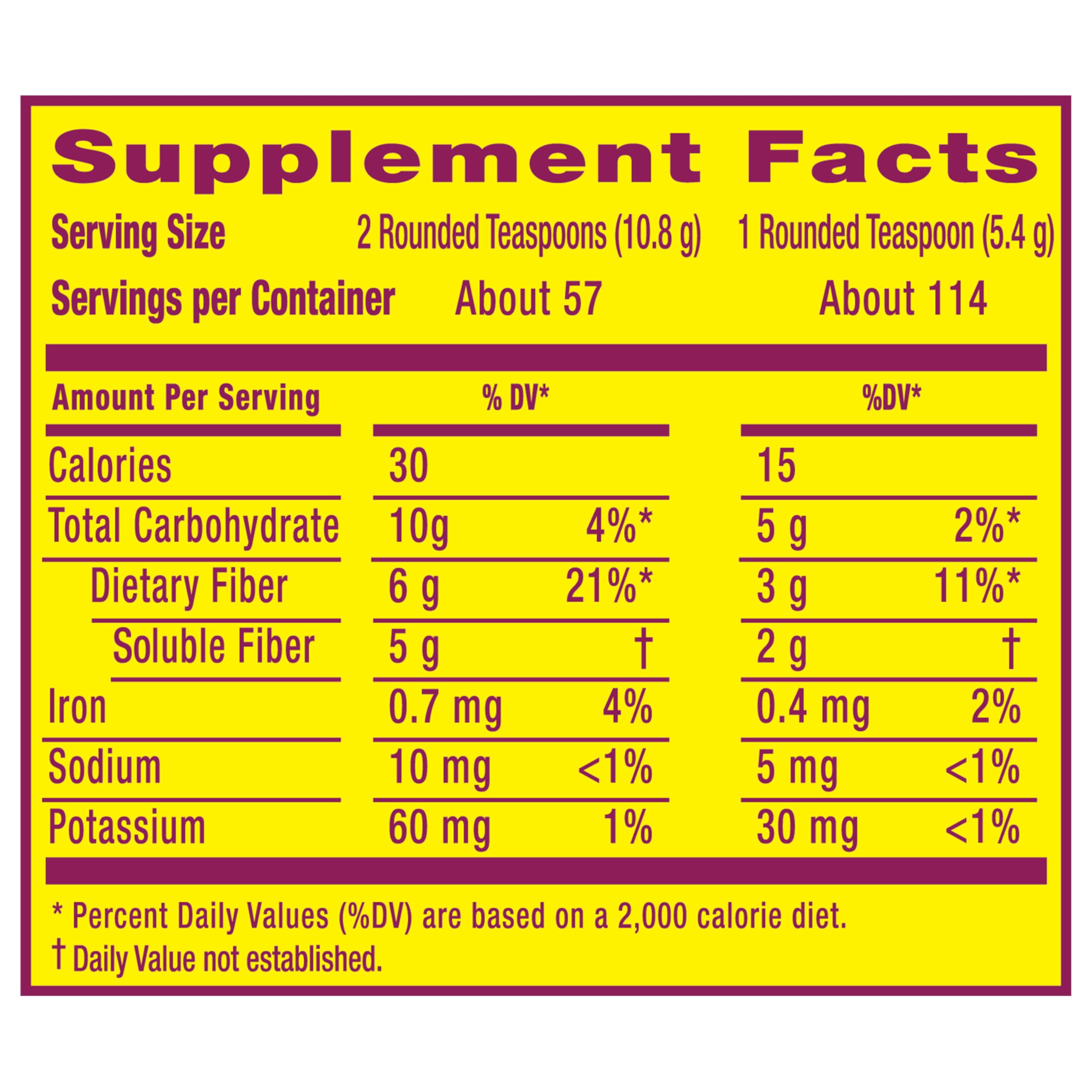 Metamucil etiqueta nutricional destacando fibra soluble y porciones