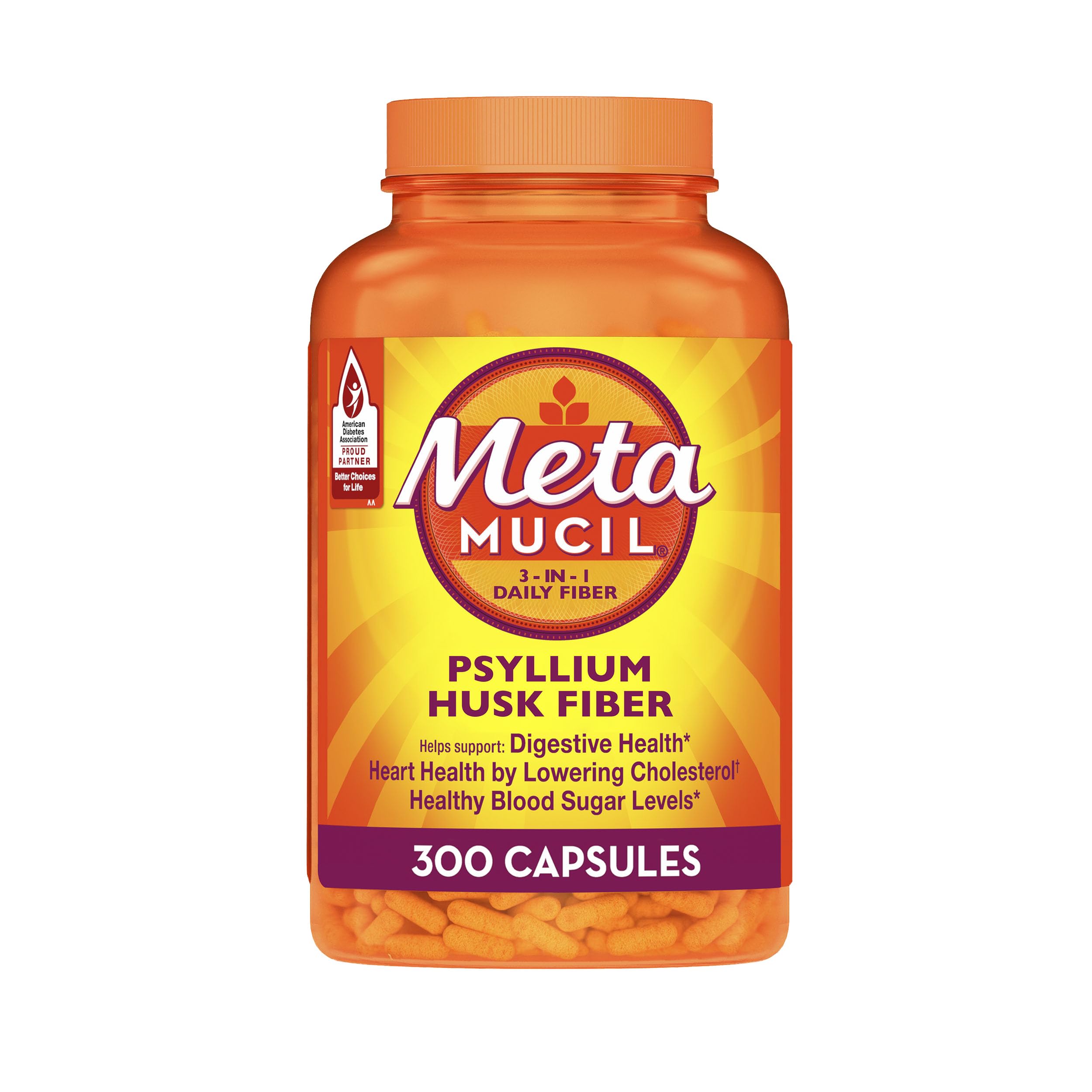 Metamucil frasco frontal mostrando diseño y cantidad de cápsulas beneficiosa