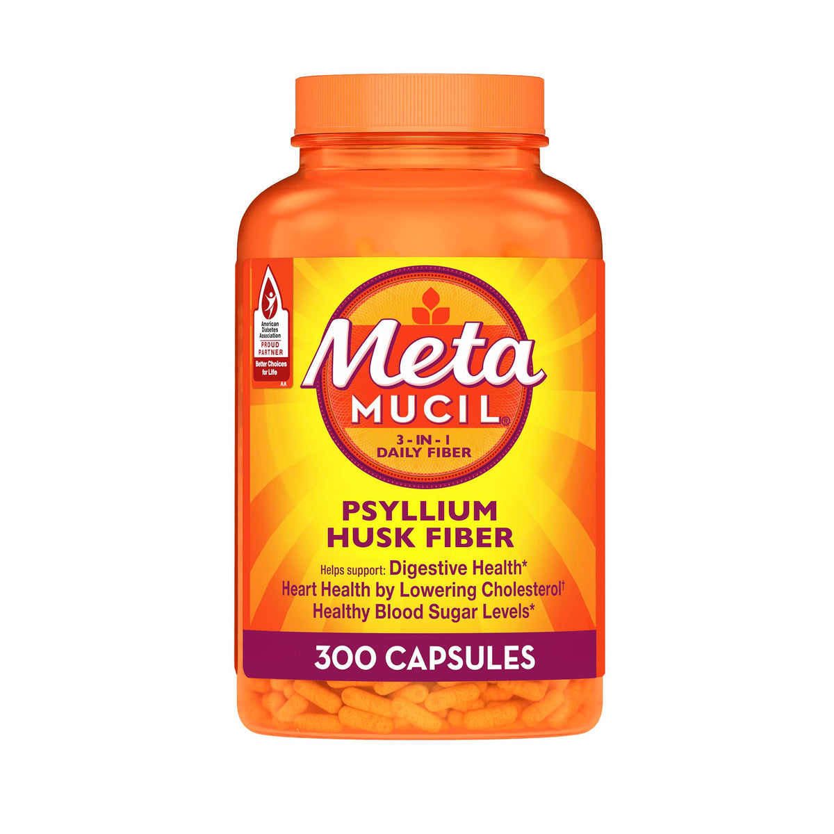 Metamucil frasco frontal mostrando diseño y cantidad de cápsulas beneficiosa