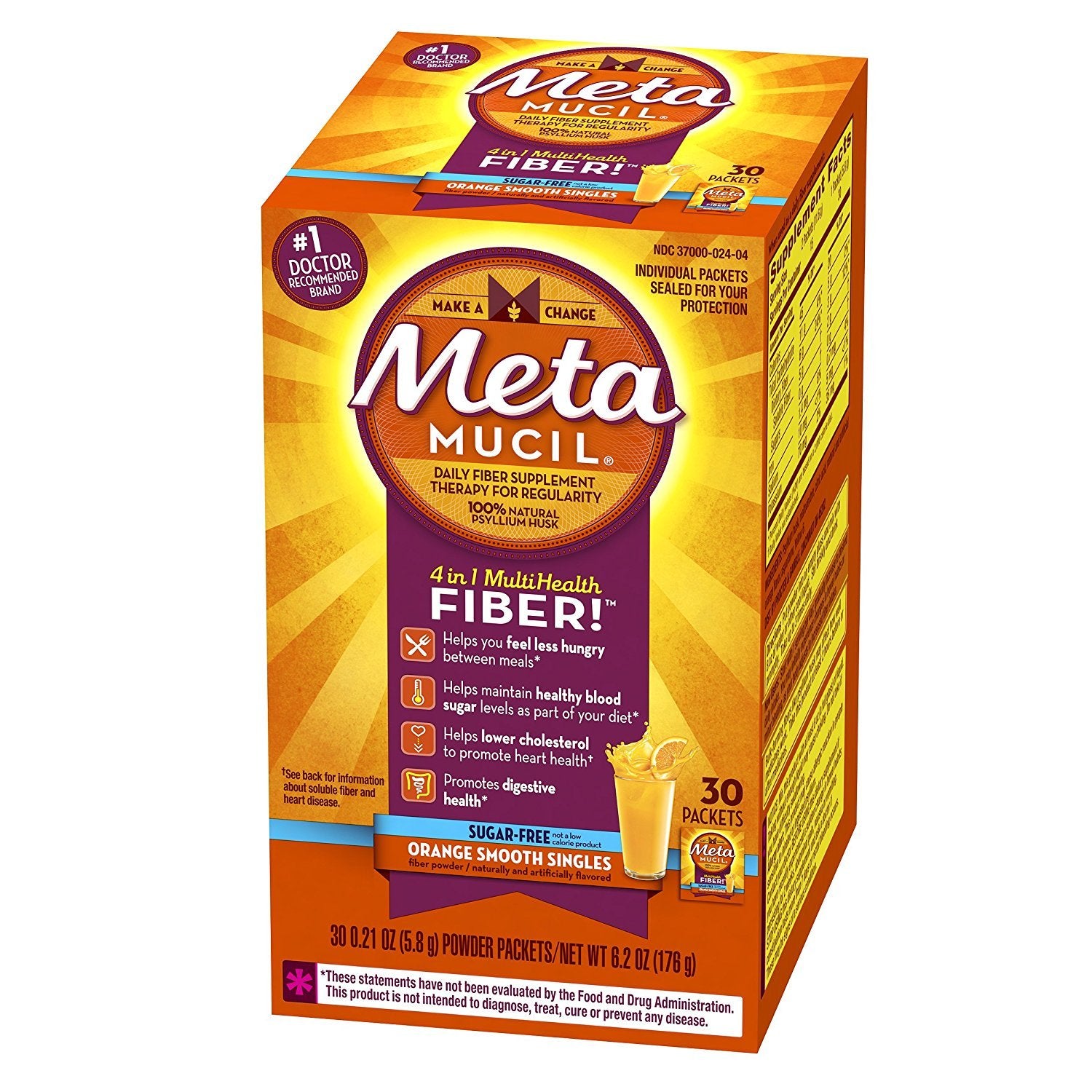 Metamucil empaque frontal naranja mostrando 30 sobres y facilidad de transporte