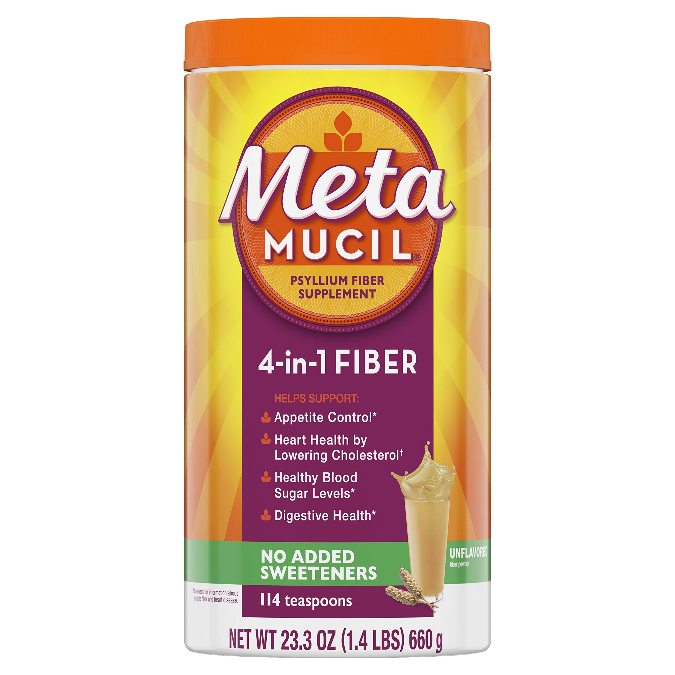 Metamucil frente del envase mostrando 114 servicios y beneficio de fibra