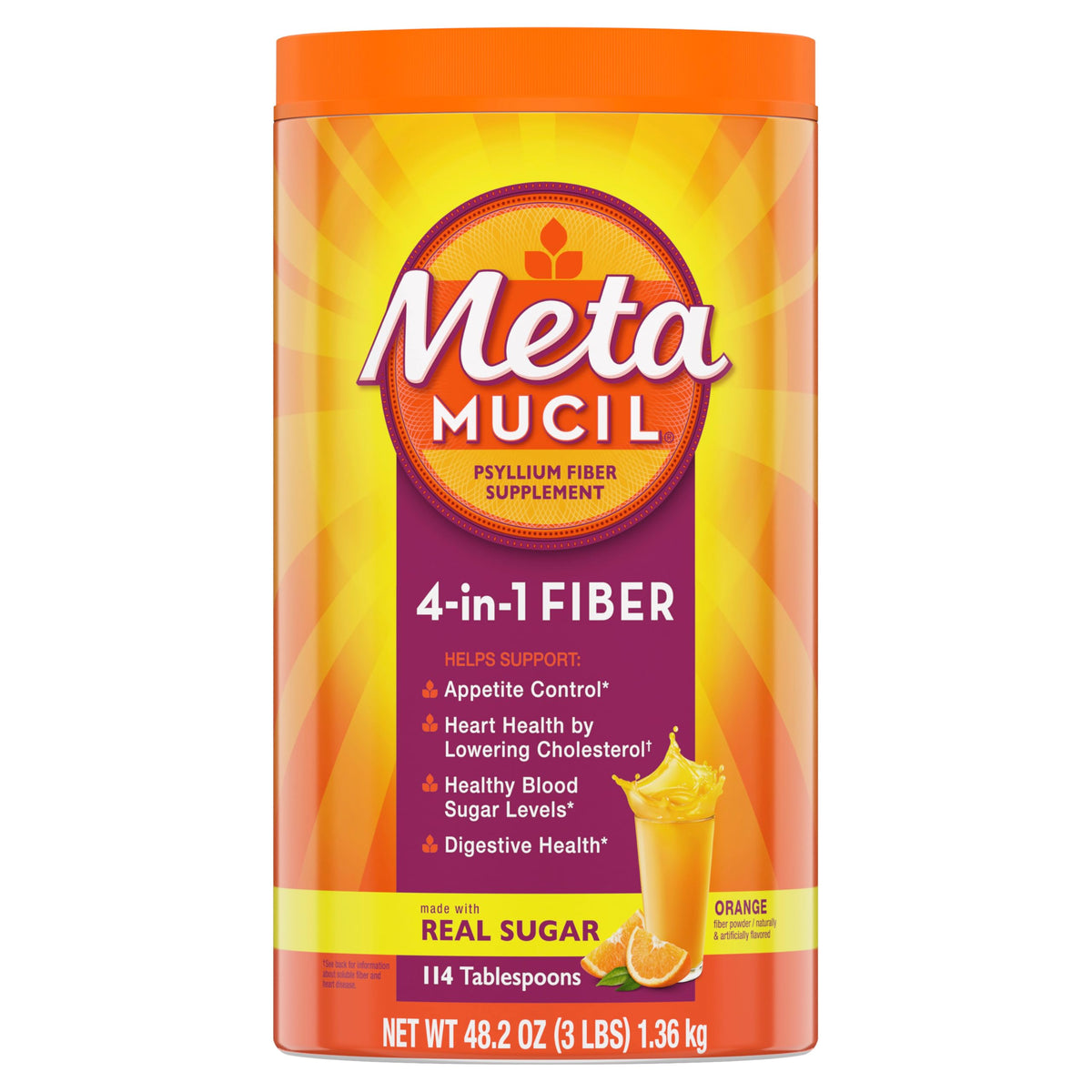 Metamucil frente del envase mostrando diseño y beneficio de fibra