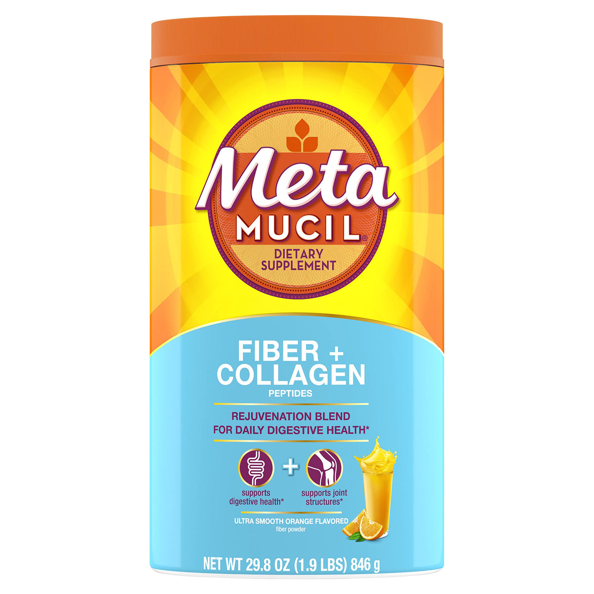 Metamucil frente del envase mostrando 90 dosis y sabor naranja, práctico