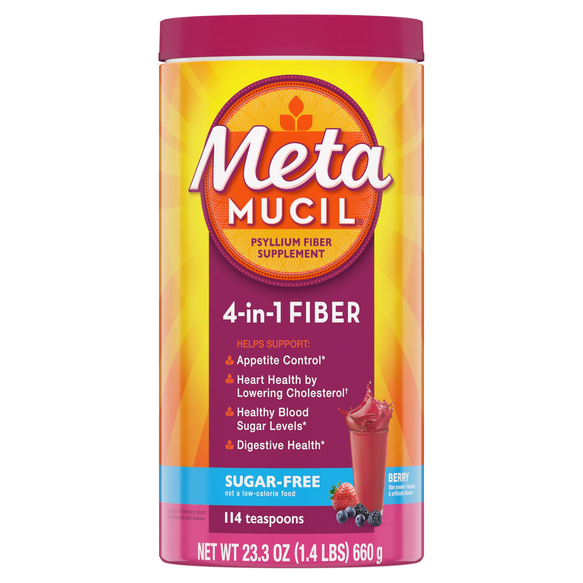 Metamucil envase frontal mostrando 114 porciones y sabor berry, fácil identificación de producto