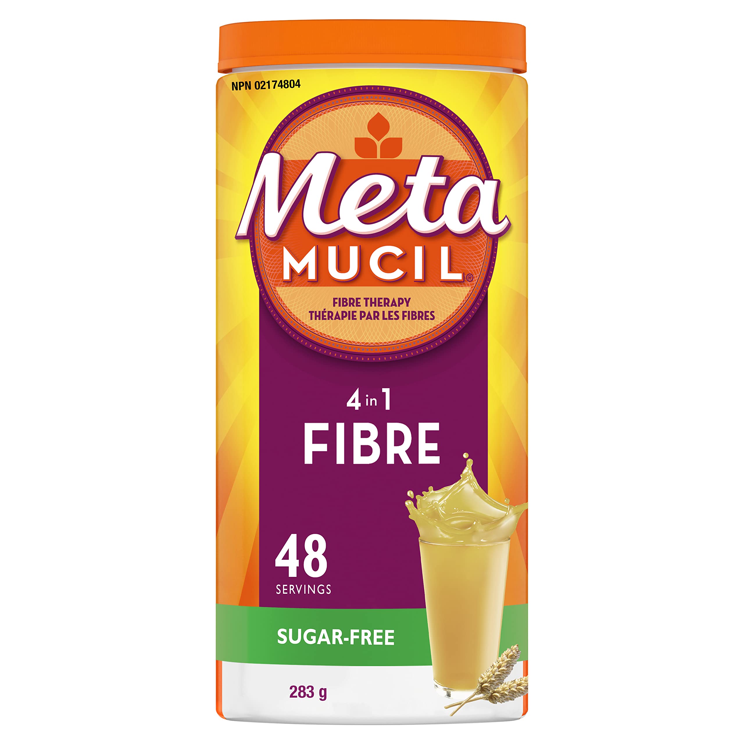Metamucil envase frontal sin edulcorantes, visual claro y compacto que facilita su identificación