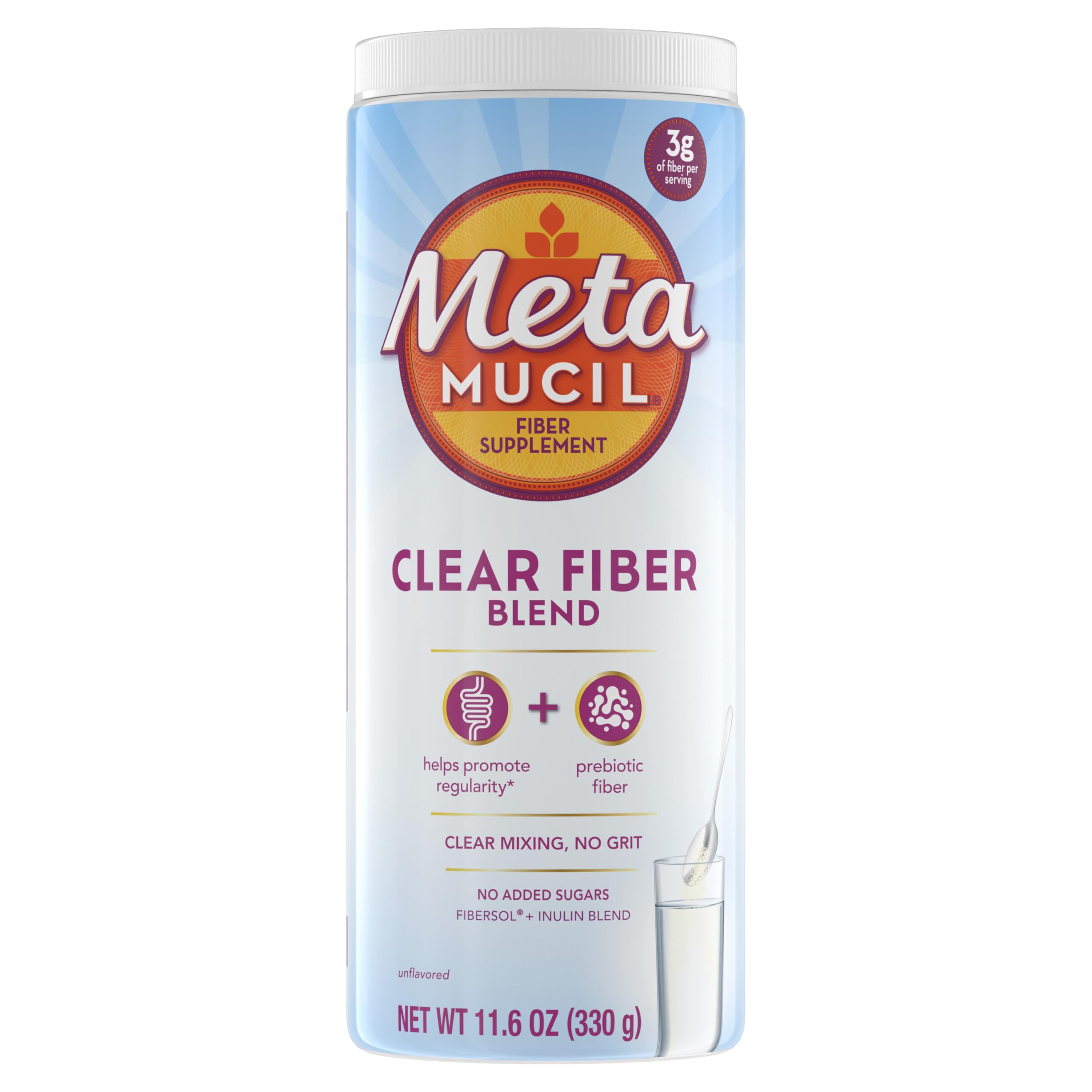 Metamucil envase frontal claro y moderno, muestra confianza de la marca