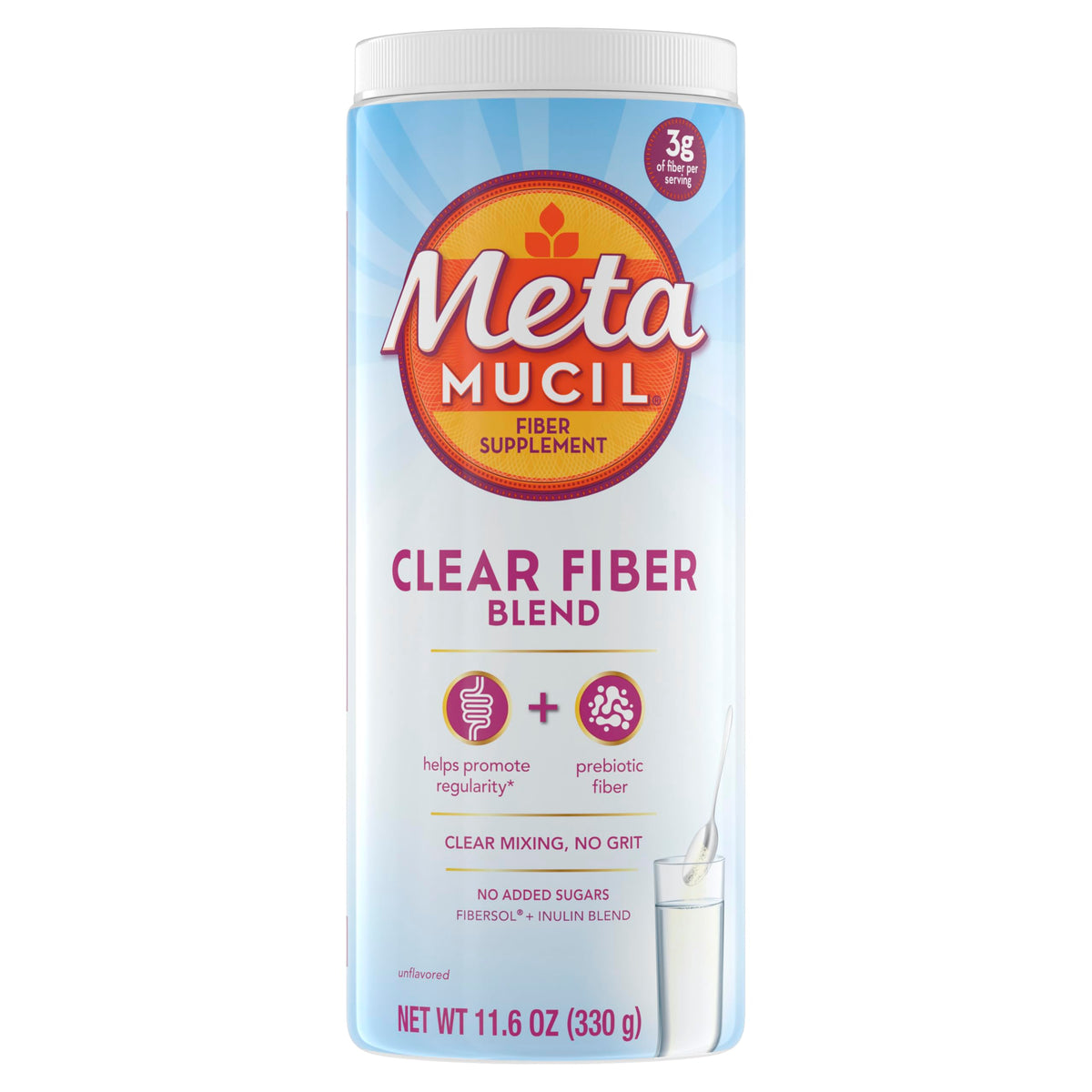 Metamucil envase frontal claro y moderno, muestra confianza de la marca