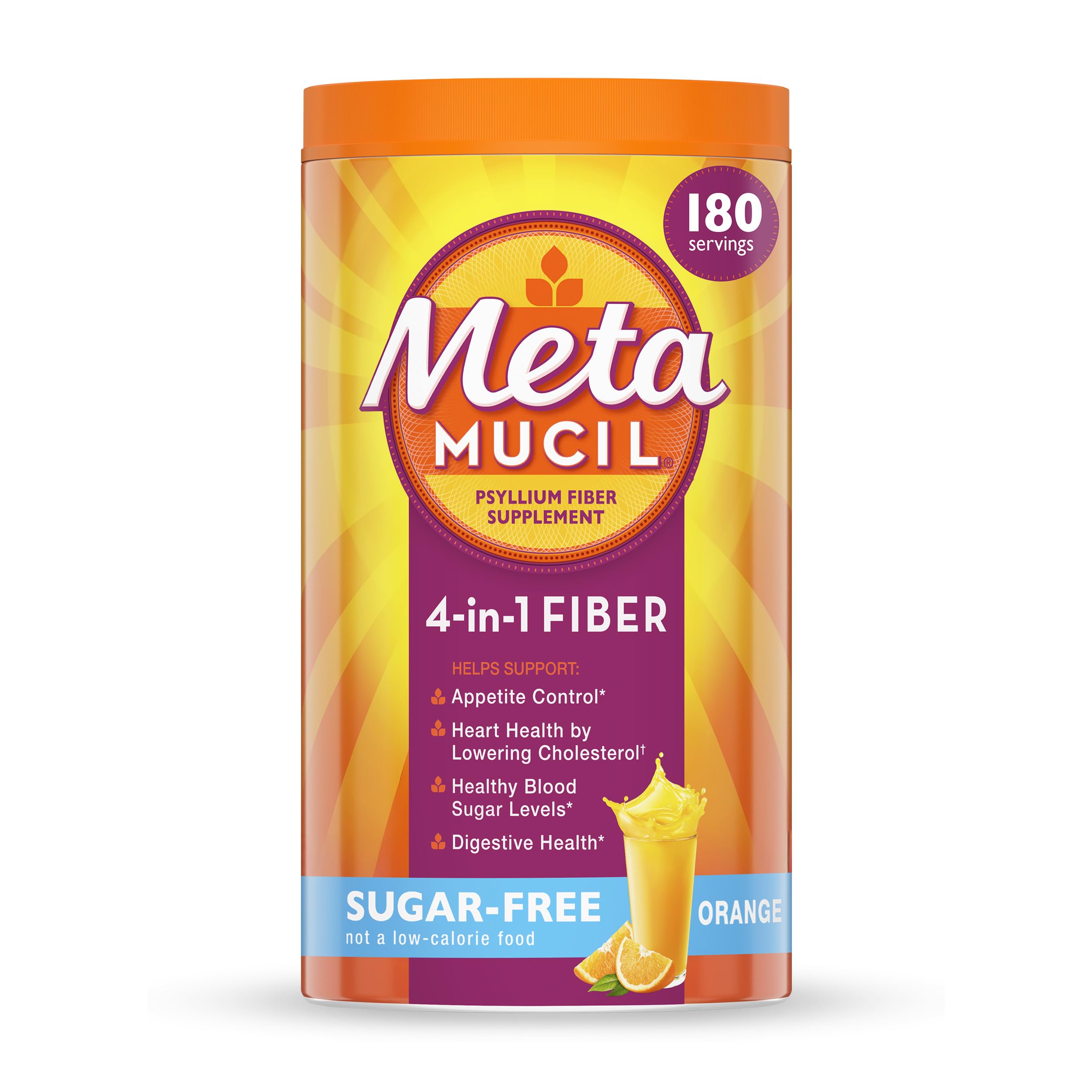 Metamucil envase frontal sabor naranja mostrando presentación