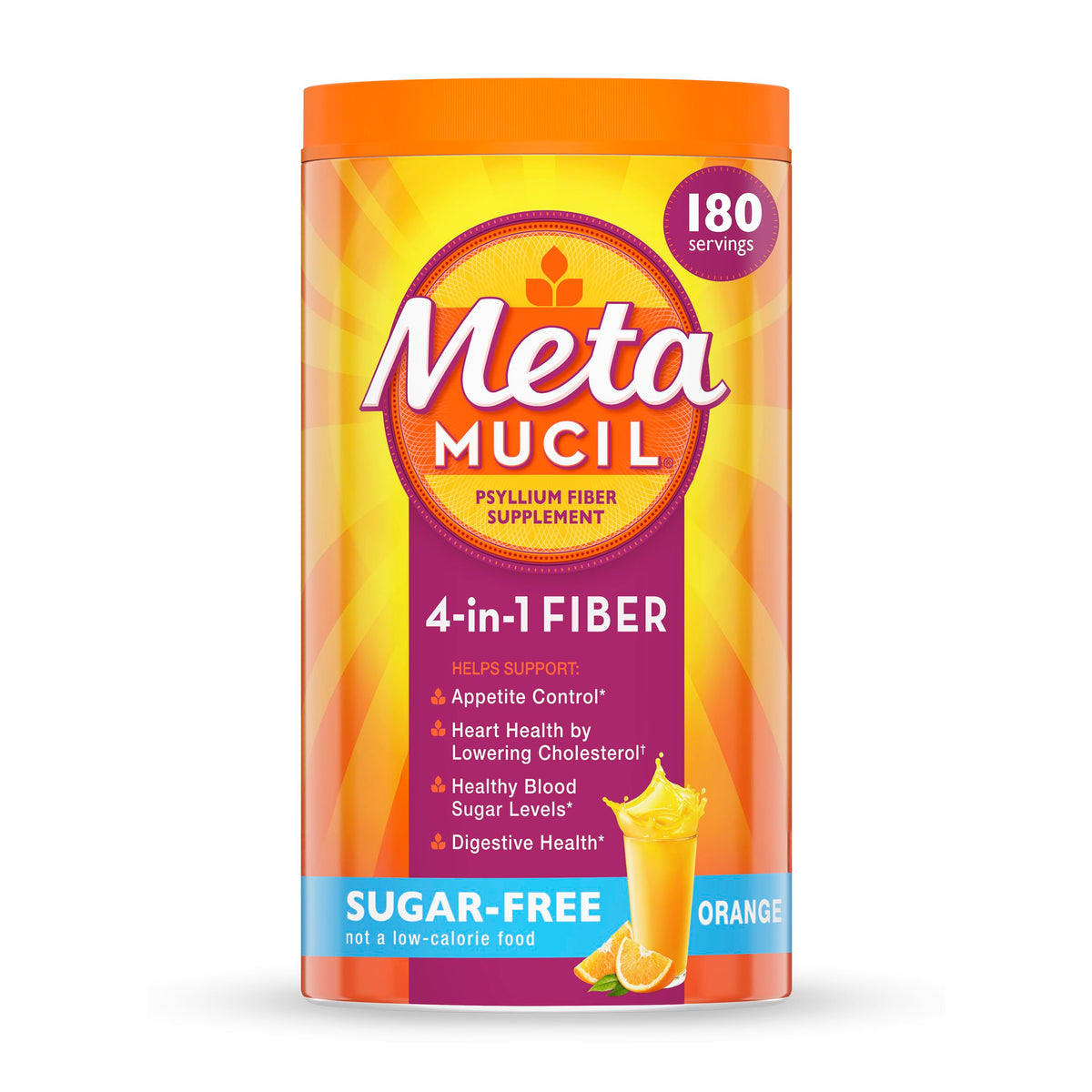 Metamucil envase frontal sabor naranja mostrando presentación