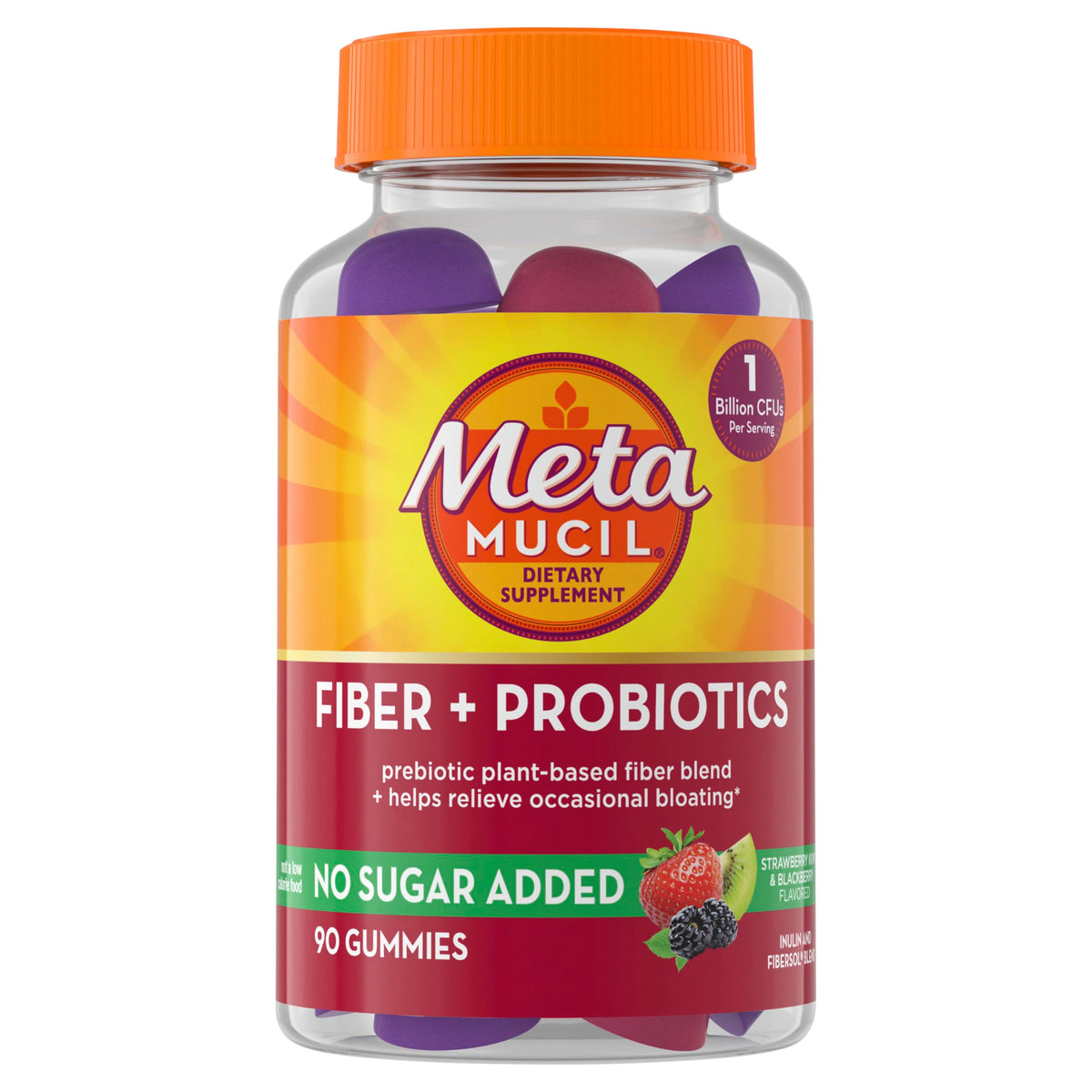 Metamucil frontal del empaque mostrando el producto y beneficios visibles