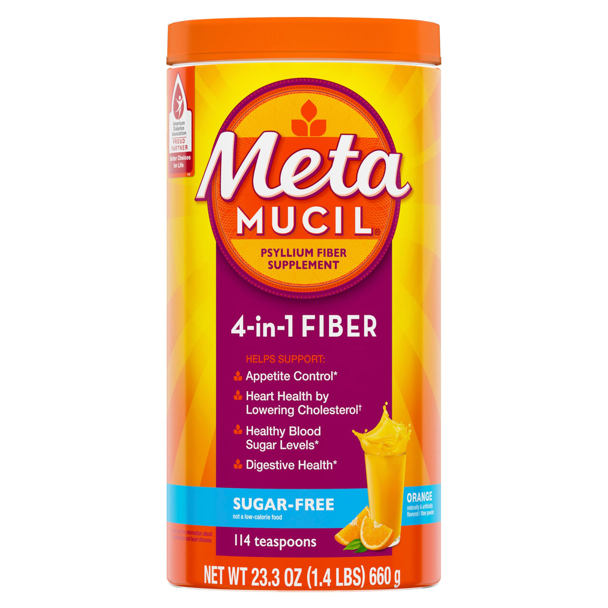 Metamucil envase frontal mostrando sabor naranja y formato en polvo