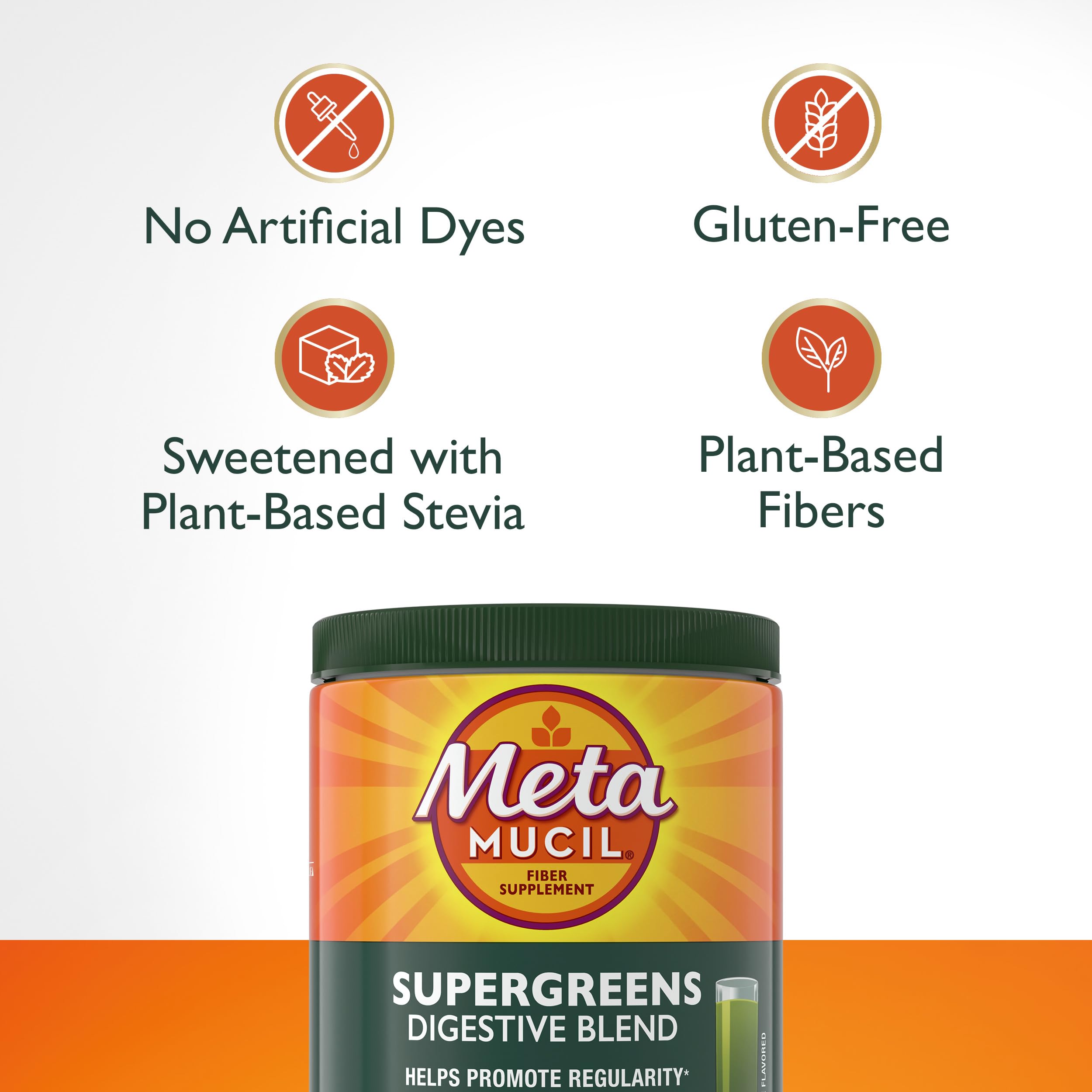 Metamucil ingredientes supergreens (kale, spirulina), aporte vegetal visible