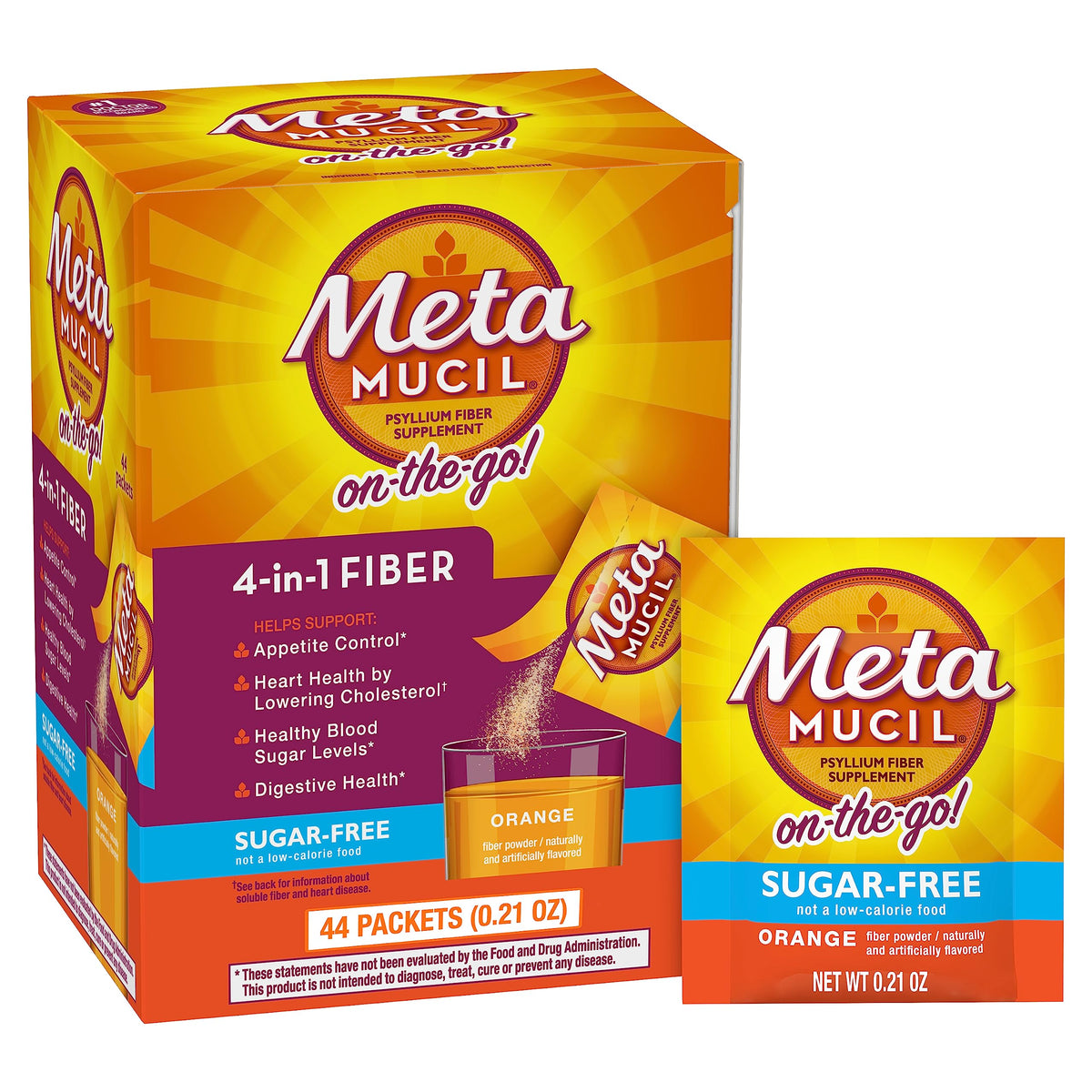 Metamucil paquete frontal con 44 sobres, practicidad para llevar