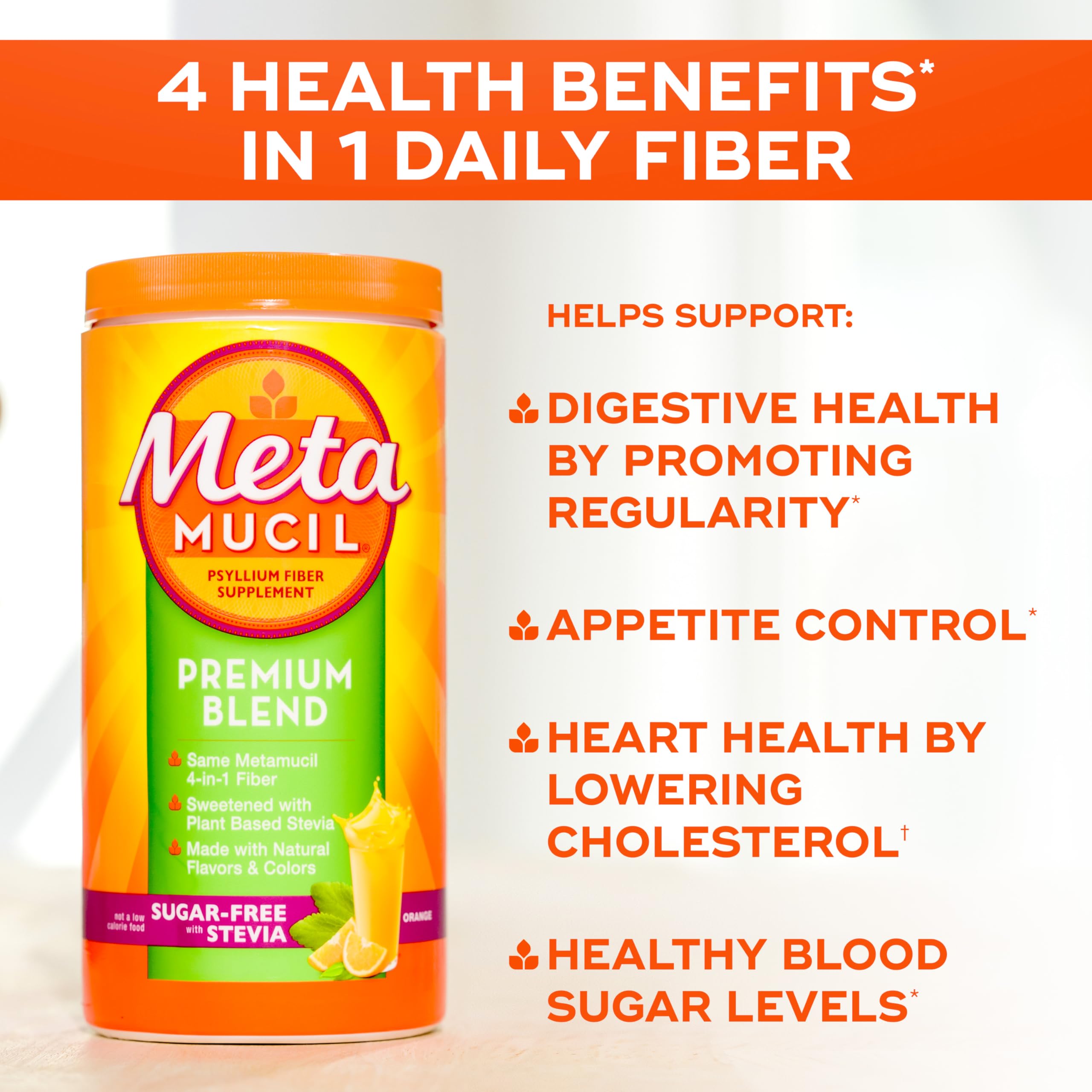 Metamucil textura del polvo de psyllium resaltando mezcla fácil y natural