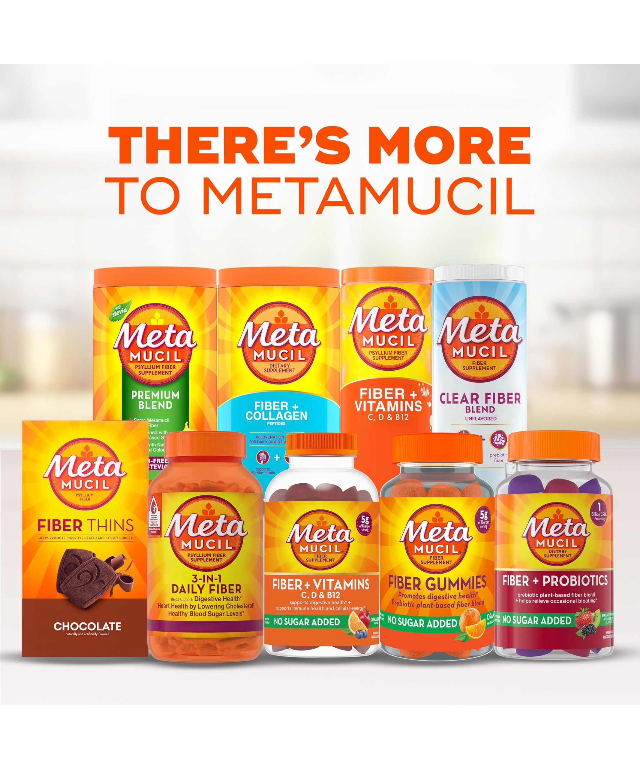 Metamucil gomitas en una mesa junto a frutas para un contexto de consumo