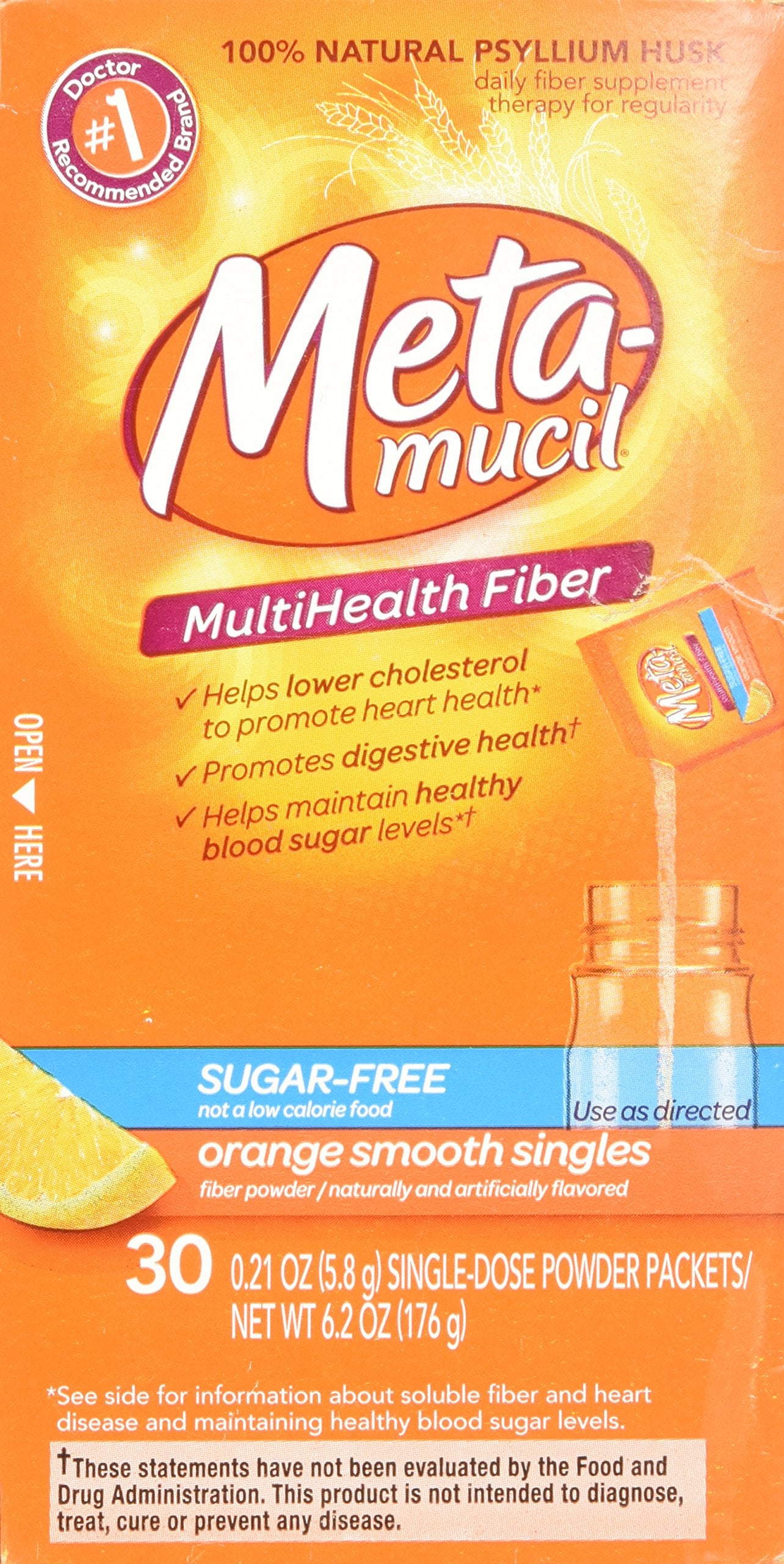 Metamucil en bolso junto a botella muestra uso práctico diario y porciones