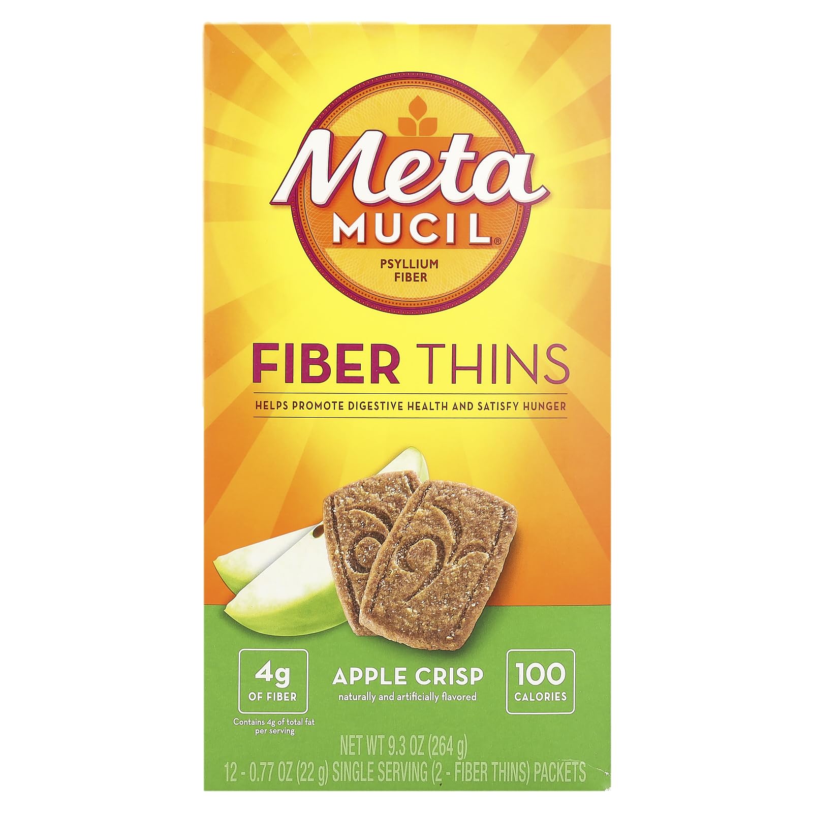 Metamucil paquete frente con 24 wafers manzana, práctico aporte de fibra
