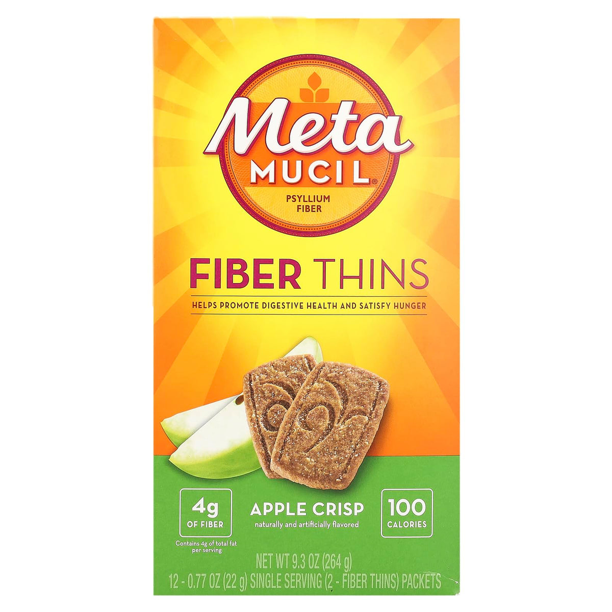 Metamucil paquete frente con 24 wafers manzana, práctico aporte de fibra