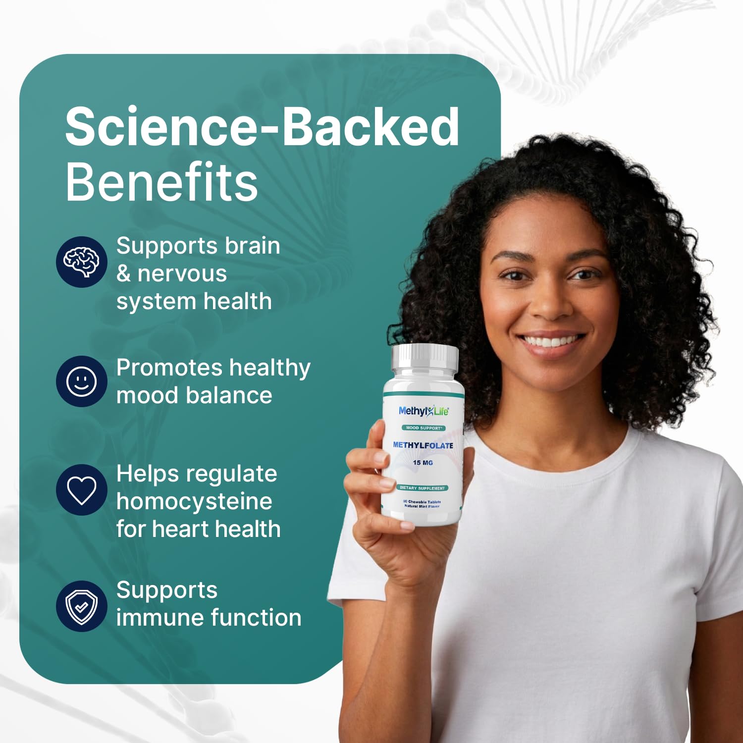 Etiqueta de Methyl-Life con lista de ingredientes y pureza del Cerebrofolate®