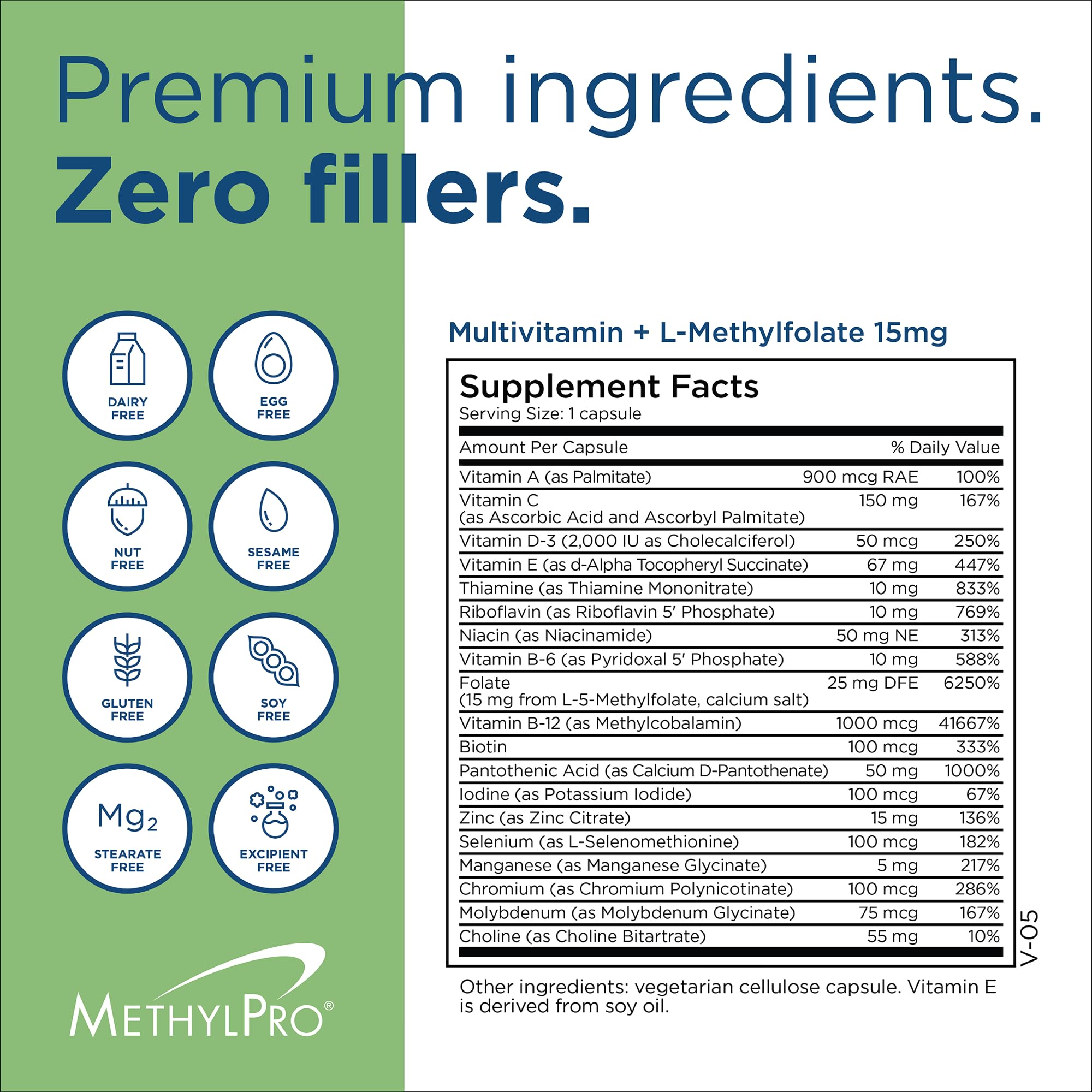 MethylPro ingredientes listados, visual de vitaminas y cofactors