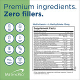MethylPro ingredientes listados, visual de vitaminas y cofactors