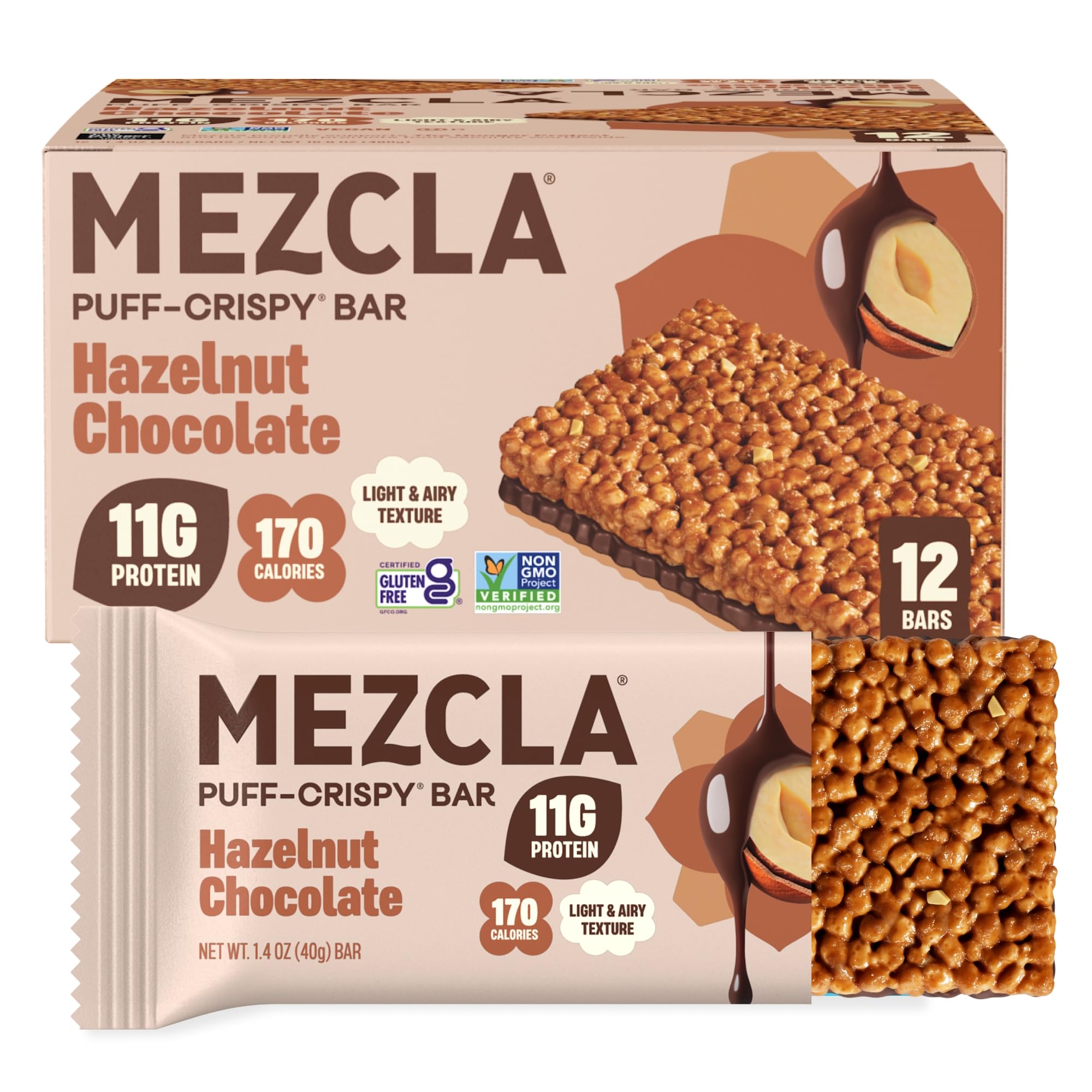Mezcla empaque frontal mostrando barritas y beneficios claros