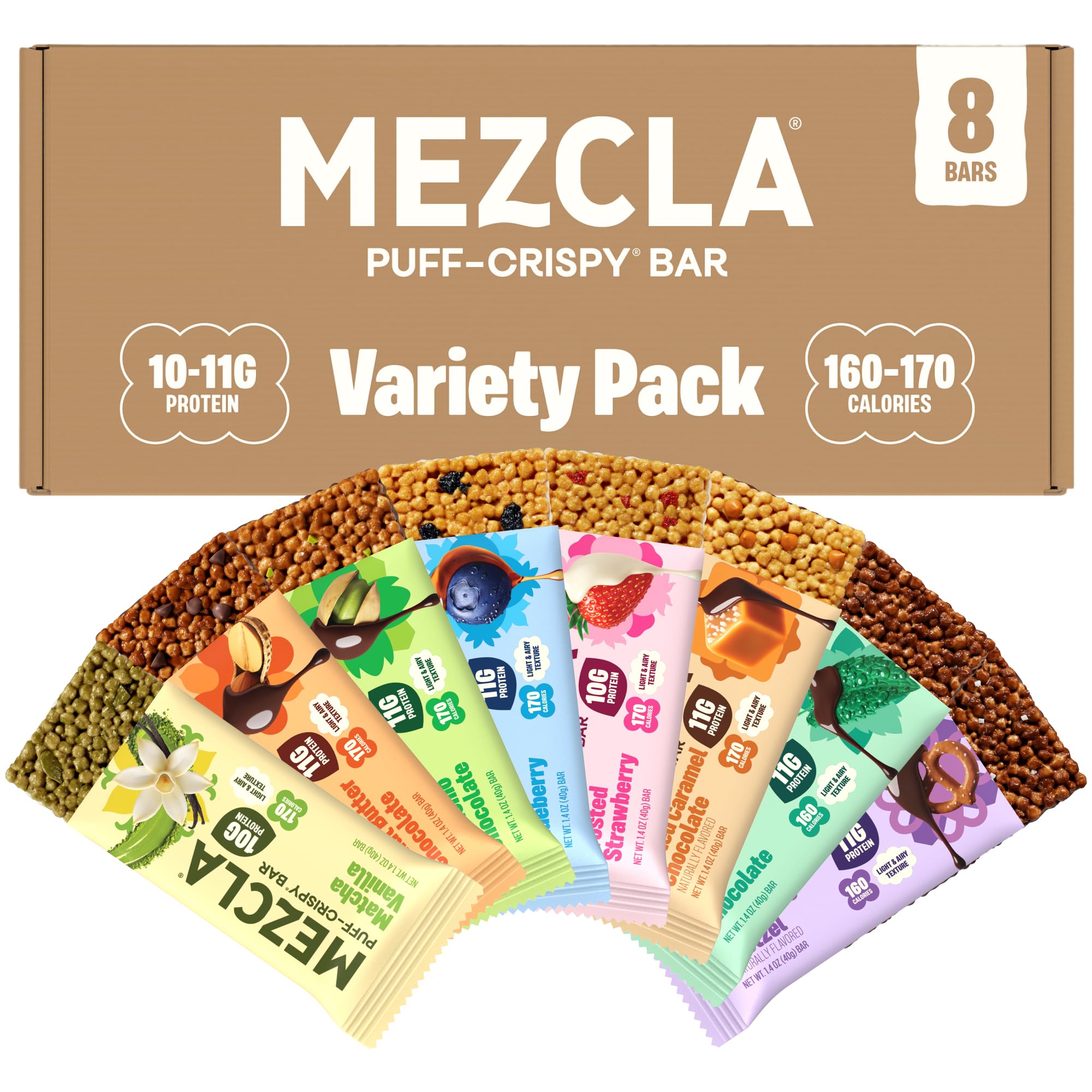 Mezcla pack frontal mostrando 8 barras y variedad de sabores, práctico y nutritivo
