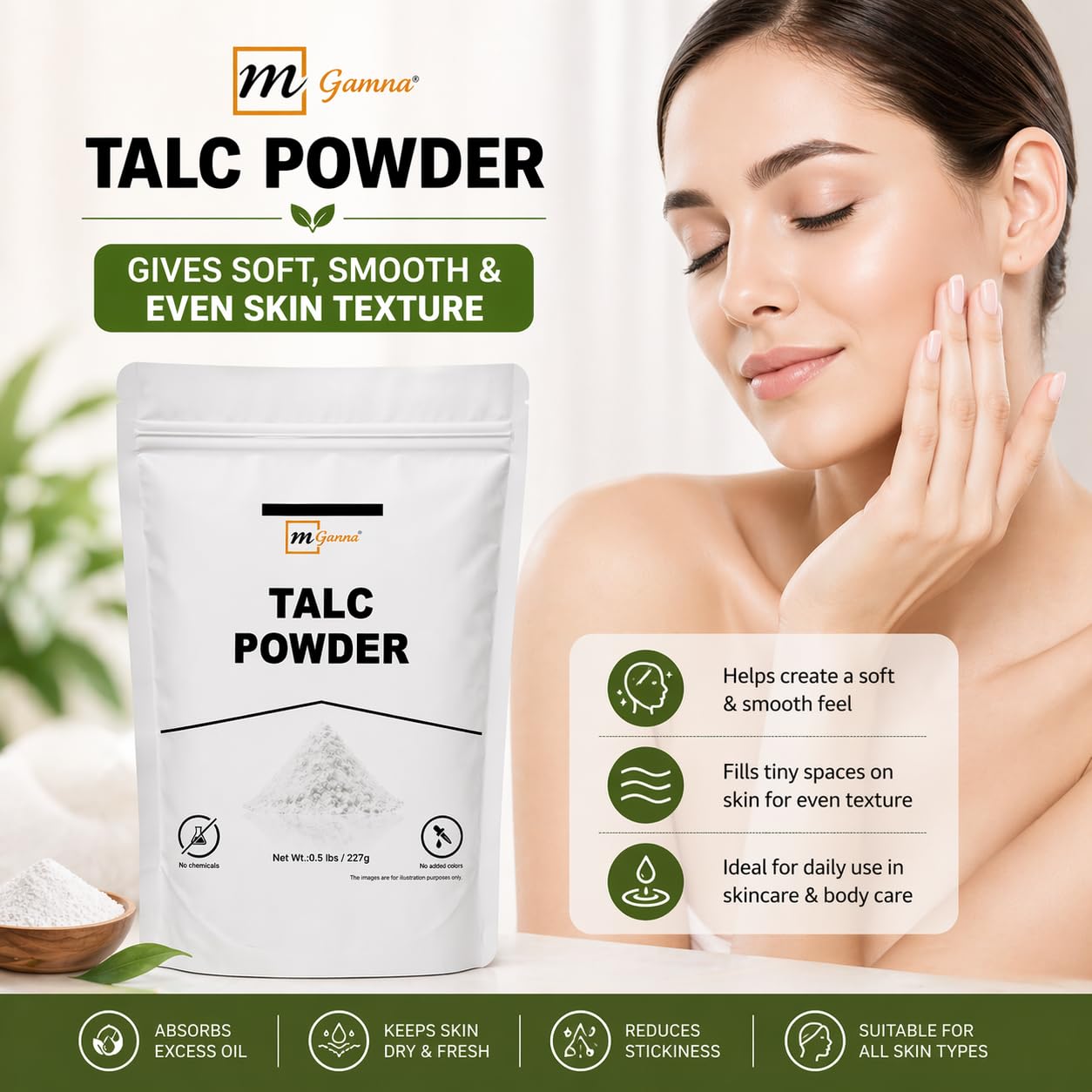 mGanna brocha aplicando talco para mejor fijación del maquillaje