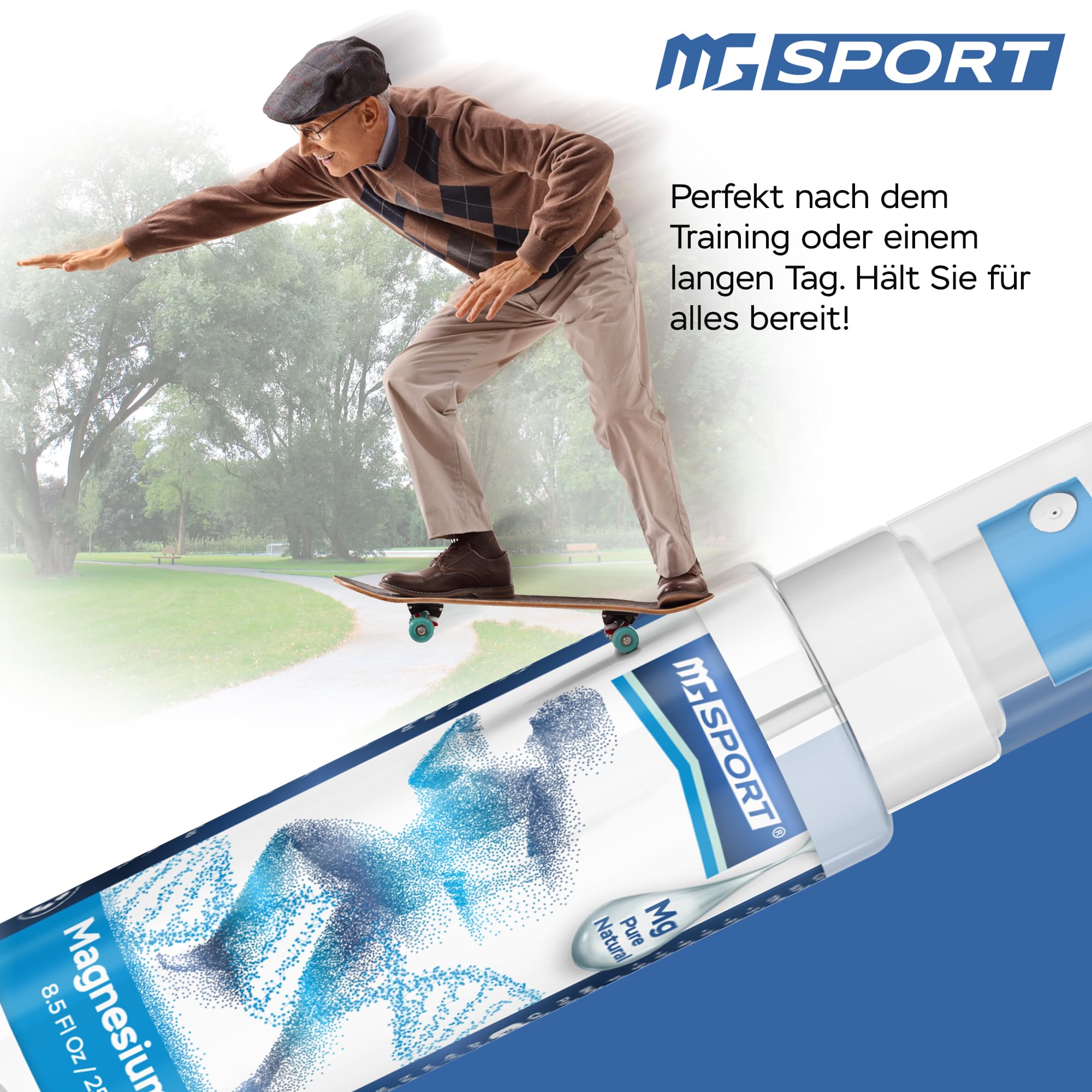 MgSport spray en uso sobre pierna para alivio muscular localizado