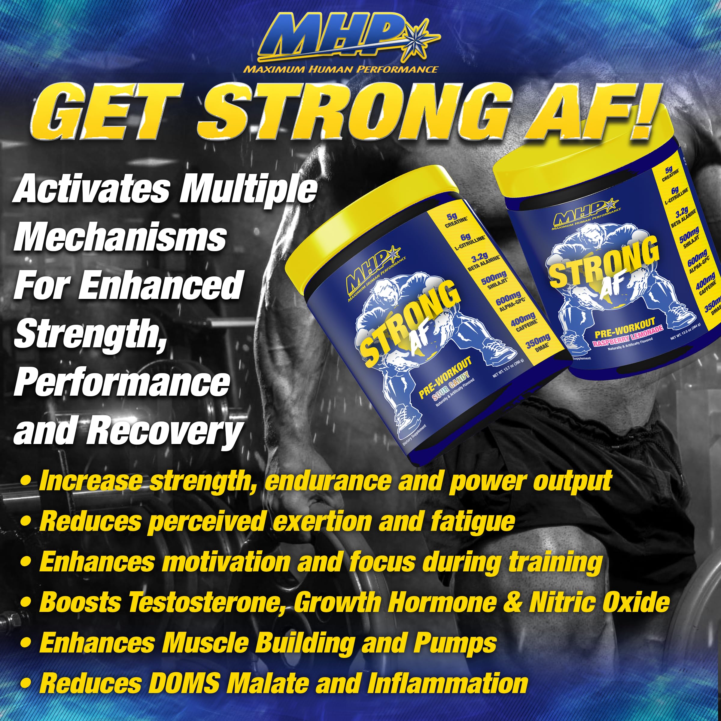 MHP Strong AF mezclado en botella durante entrenamiento, destaca energía y enfoque